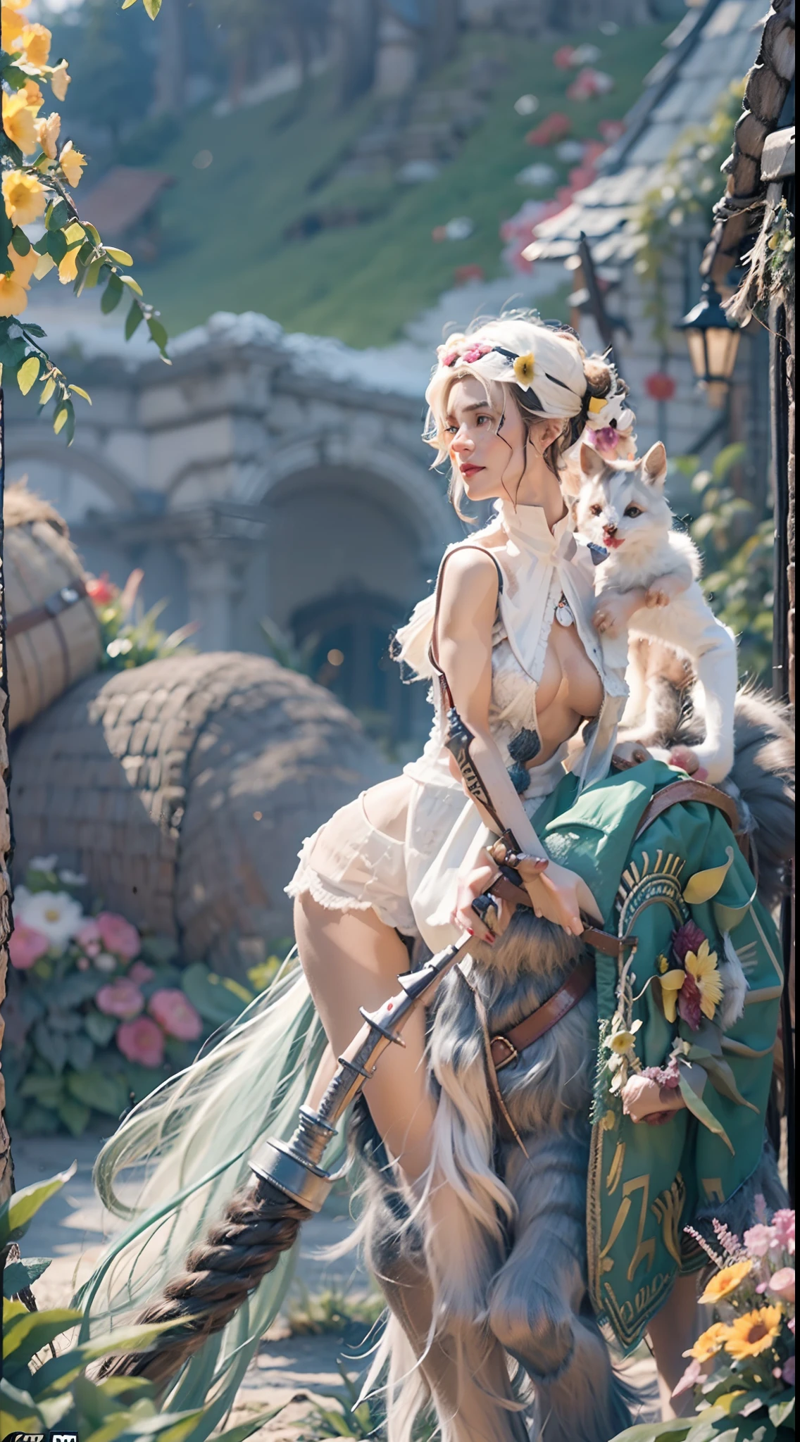 In a very grand scene，The extra-large wide-angle lens captures the appearance of a female centaur。She is tall，It has the ultimate curvy beauty，The muscles are slender and firm，Beautiful lines。She has（Super huge sky blue eyes：99.99），Always with sexy glasses。She wears solemn nun attire，Stepping on a boot-style skyscraper-heel，A pink cross hangs from his chest。（In front of her is a potted plant with a smiling sunflower plant：99.99）。Use Midjourney's advanced tools，Design noble and solemn nun costumes for female centaurs，and highlight her unique physiological characteristics and appearance details，Add realism。And in the background of her prayers，Spectacular views of nature，Such as the sky where storms and sunny days alternate、Brilliant rivers of stars and auroras、The snow-capped summit of Mount Everest、Fireworks in the mountain town, etc。ao mesmo tempo，Away from the hustle and bustle next to the chapel，Create a fantastic scene。Use Midjourney's advanced tools and multiple color palettes、Brush Strokes、Texture tools and model packages，It shows a sense of atmosphere where beauty and charm coexist。The charm of the female centaur is highlighted through color and lines，Enhance realism with detailing，Create a surreal dreamy feeling。Additionally，Use Midjourney's tools to add various exorcism props and books to the female centaur、pergaminhos，Create intricate hairstyles and outfits，Give her a sense of premium。She never flinches，No matter what monster you encounter，can respond quickly，Even the most extreme armies of natural disasters and monsters could not stop her and her front（It exudes the glow of the sun：9.9）Sunflower。Use Midjourney's powerful tools，You can do it with incredible detail and beauty，Bring this ultra-grand and beautiful scene to life。Ultra-grand scenes，super wide shot， hdr，（真实感，Masterpiece quality，best qualtiy），