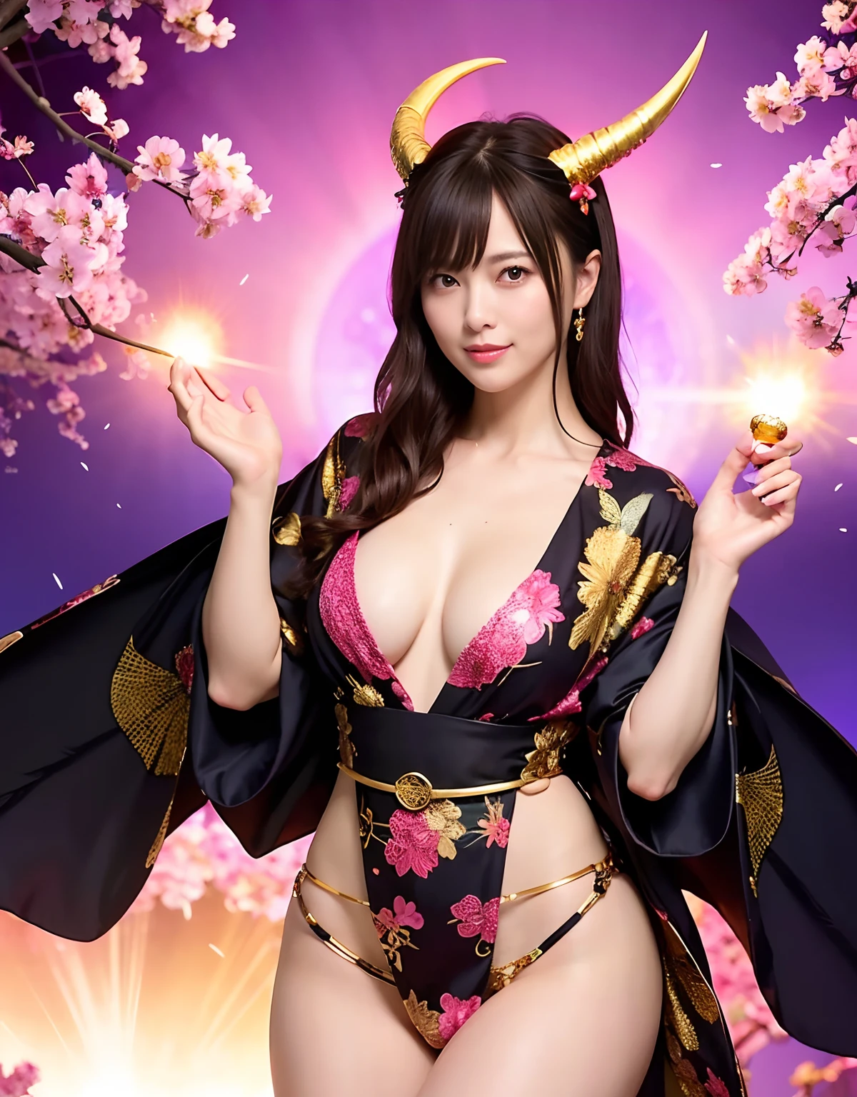 ((World of Darkness)),Professional , ​masterpiece、top-quality、photos realistic , depth of fields 、（sexypose）、(Background of cherry blossoms in full bloom),（Ultimate Beauty）、A dark-haired、（)、（Kimono with beautiful pattern）、（Night background）、（（））,(Wear a beautiful kimono),（Wear a beautiful kimono with colorful floral patterns）、Jewel Gold Weapon、Particles of light),(Wearing a wizard's hat）、Gorgeous gold weapons ,Skeleton population、（（ Gorgeous Dragon Sword）） , （a dark night）,,（maikurobikini） 、（（Black Haired Beautiful Girl））、（Castle background）、（demonic wings）、（（Gangle's forest background））、Beautiful Caucasian beauty、１a person、dynamic ungle,(((Two devil's horns on the head)))、Smaller head、Idle Smile、Thin and beautiful female hands、Mystical expression、Light Effects、intense fighting、Wind-effect、magic circles、With the legendary magic wand、Dragon's tail、