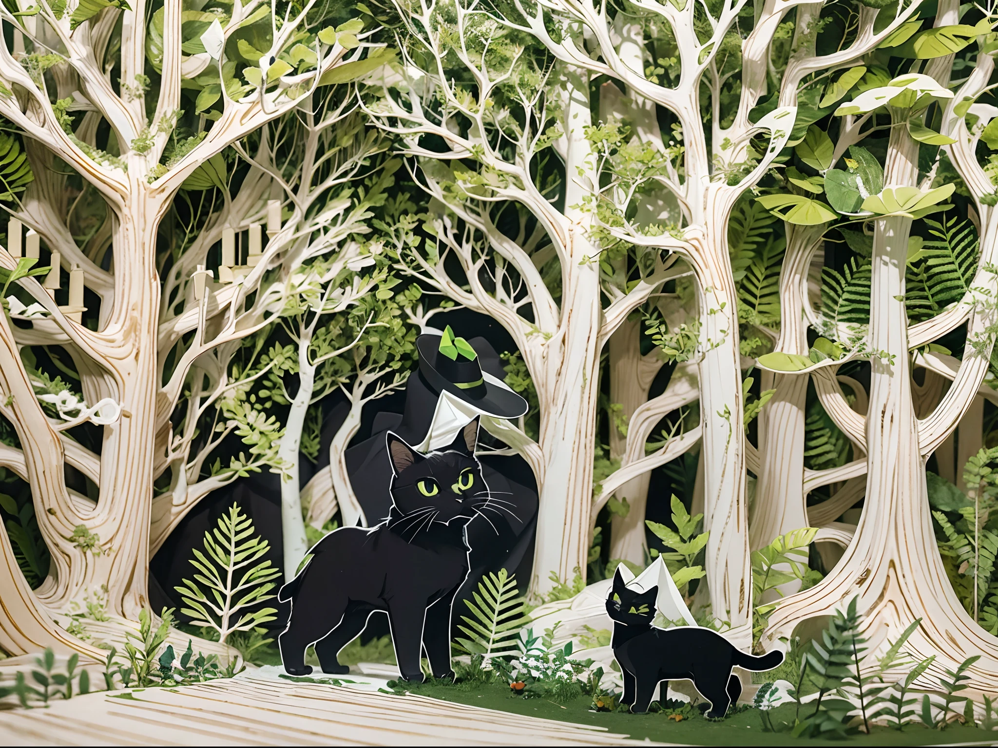 A scene of a forest made with paper cut, where a black cat wearing a hat and a cloak is exploring the secrets of nature with its magical powers.