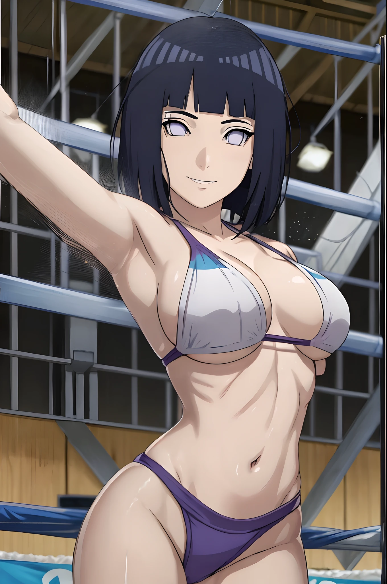 poster, anime style, ((wrestling ground)), (hinata\(boruto\), (female wrestler), (slender body), mature woman, milf, (bikini, ultra detailed pro wrestling gear) victorious, gorgeous, winner, kind face, smile, closed mouth, pale skin, shiny skin, (dark blue hair color:1.1), wavy hair, ((short hair, hime cut), big breasts, (only one arm stretching), long belly, closed fists, seductive, (perfect eyes, white sciera, bright eyes, white eyes, anime eyes, eyeshadow, looking at the viewer)