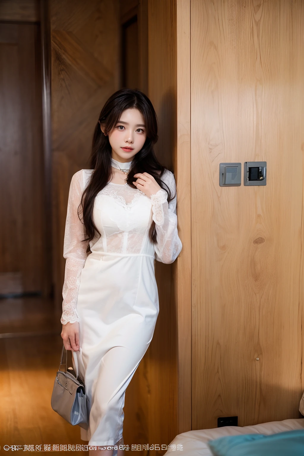 （best qualtiy， tmasterpiece， A high resolution， Glow， flood， Lens glare， wide angles）， rays of sunshine， full bodyesbian， 1 [Chino|Russian|Japanese|Korea]Girl， 独奏，（Mei Hong：1.1） ((ta costume）)， choker necklace， jewely， long whitr hair， 耳Nipple Ring， Super delicate face， beauitful face， perfect hand， full face blush， （perfect  eyes） ，（ long eyelasher： 1.4）， Glowing pupils， （white stockings： 0.9）， hentail realism， （highdetailskin： 1.2）， 8K, Ultra HD， digital SLR camera， high high quality， Volumetriclighting， Frankness， A high resolution， 4K， 8K， in the background bokeh， a fantasy forest， Radiant garlic， Feather drop effect， Morning， foreground， f/16 Full body photos Long legs White stockings
