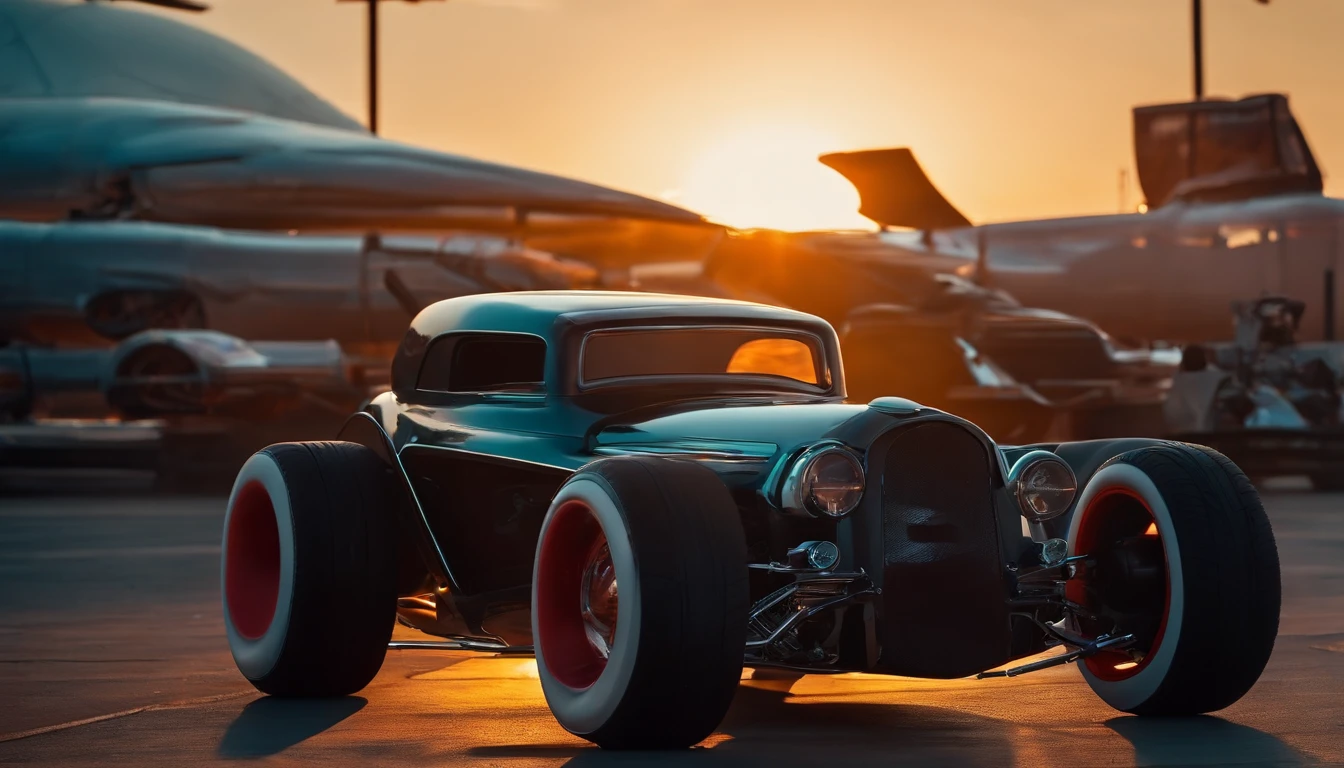 a 3/4 front view of ((futuristic cyberpunk hotrod zeekars)) (with glowing tires), next to ((gal gadot)), at the parking lot, sunset