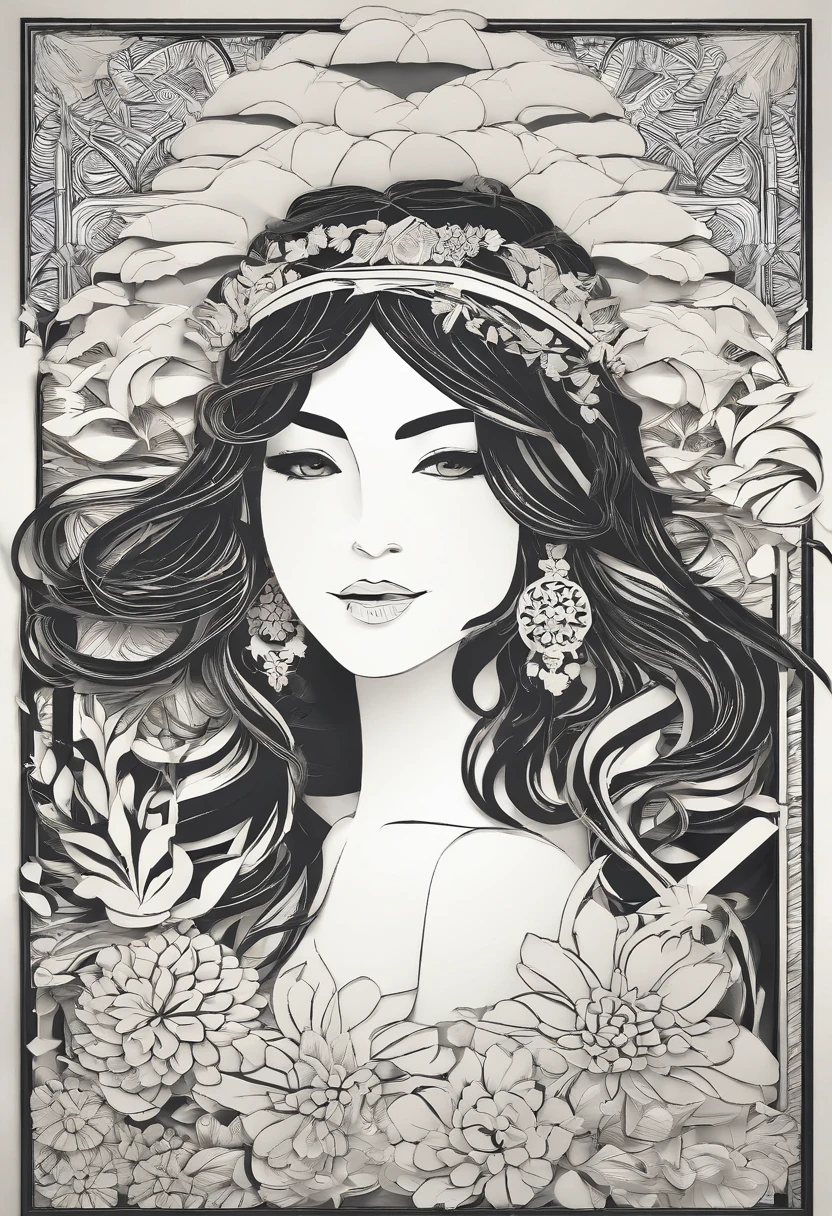 (masutepiece), (Best Quality),1girl、hair adornments、smile、Geometric pattern background、the chaos、papercutout:1.8