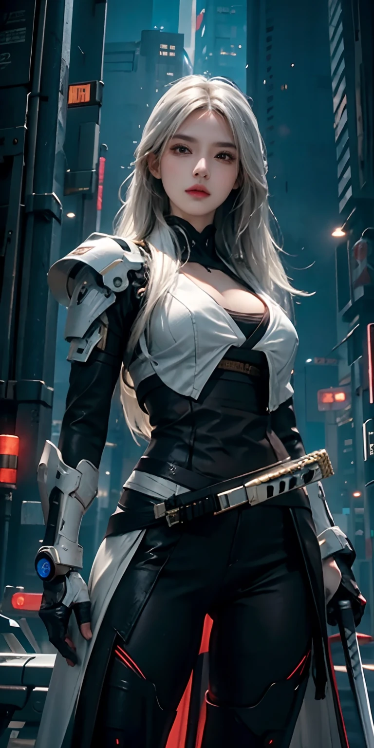 photorealistic, high resolution, soft light,1women, solo, hips up, (detailed face), white long hair, cybersamurai, cyborg, cyberpunk,  cyber armor, holding weapon,glowing,katana, city at night
