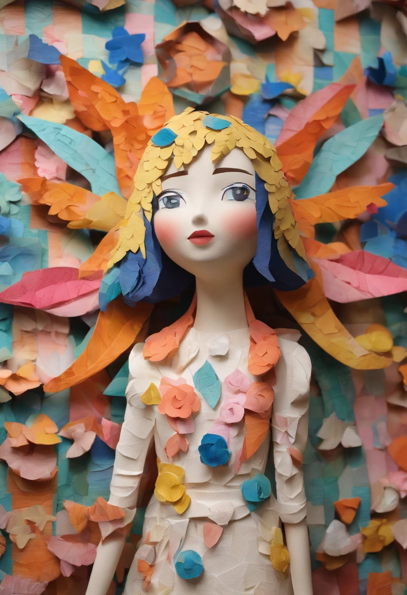 (masutepiece), (Best Quality),1girl、hair adornments、smile、Geometric pattern background、the chaos、papercutout:1.8