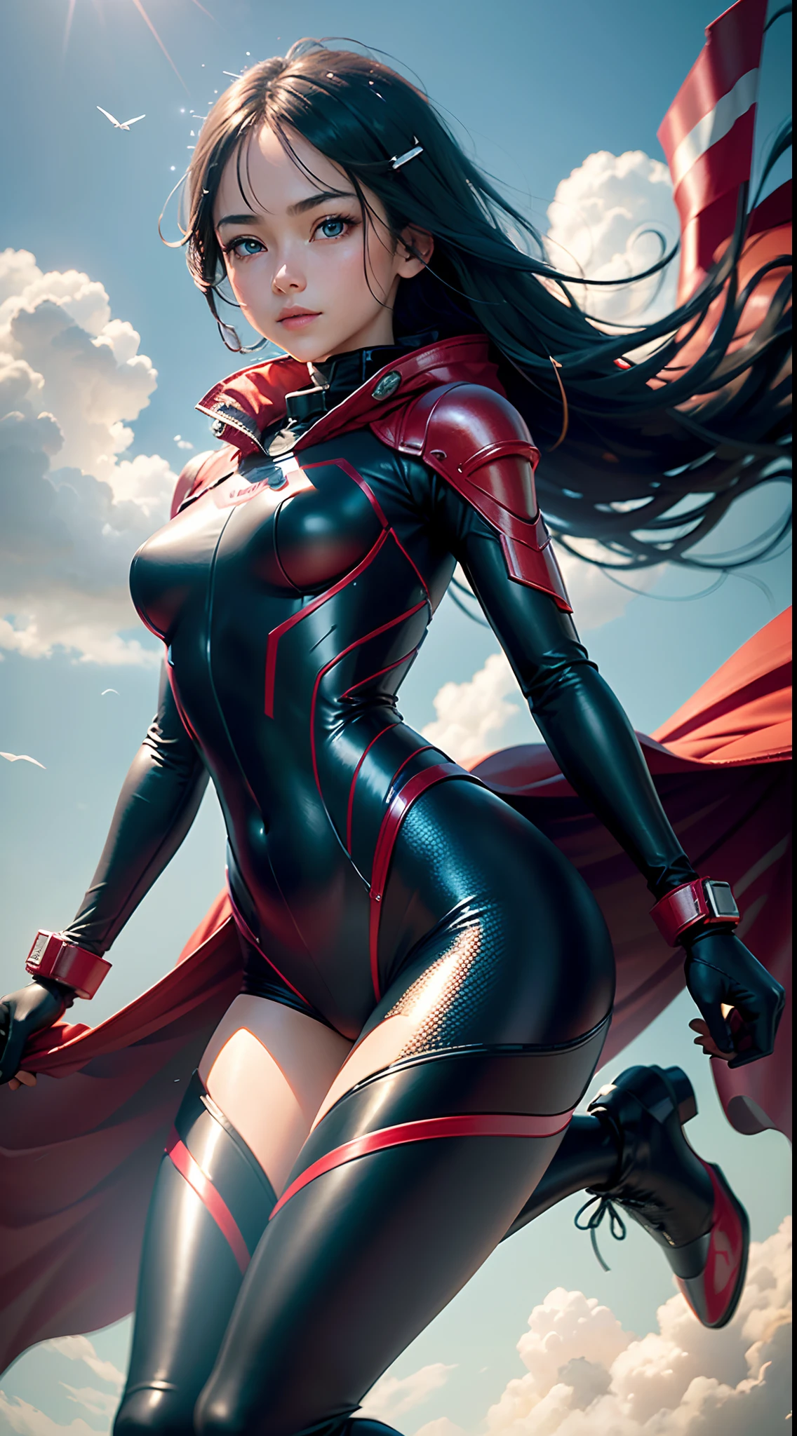 A MILF ， show her butt at viewer , she takes one saber blade and runs , The background is the battlefield，black hair color hair，Red sunglasses，Bright red tight combat uniform，microkini，Expose the lower half of the breast，Breast areola , long coat ,