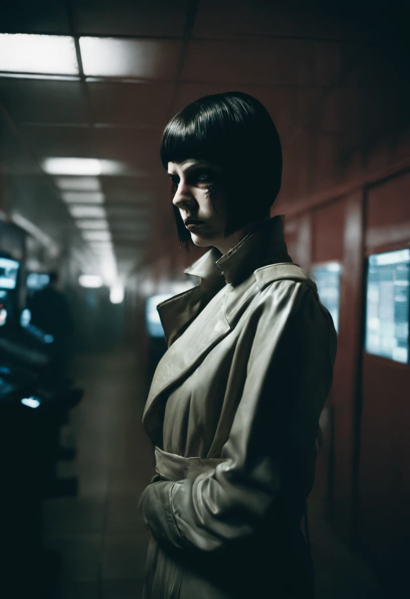 Horrifying Female Blade Runner sneering, stalking replicant, Blade Runner pistol, massive far future cyberpunk data center, shot on portra 120 film, National Geographic Photography :: Instagram Selfie, smiling