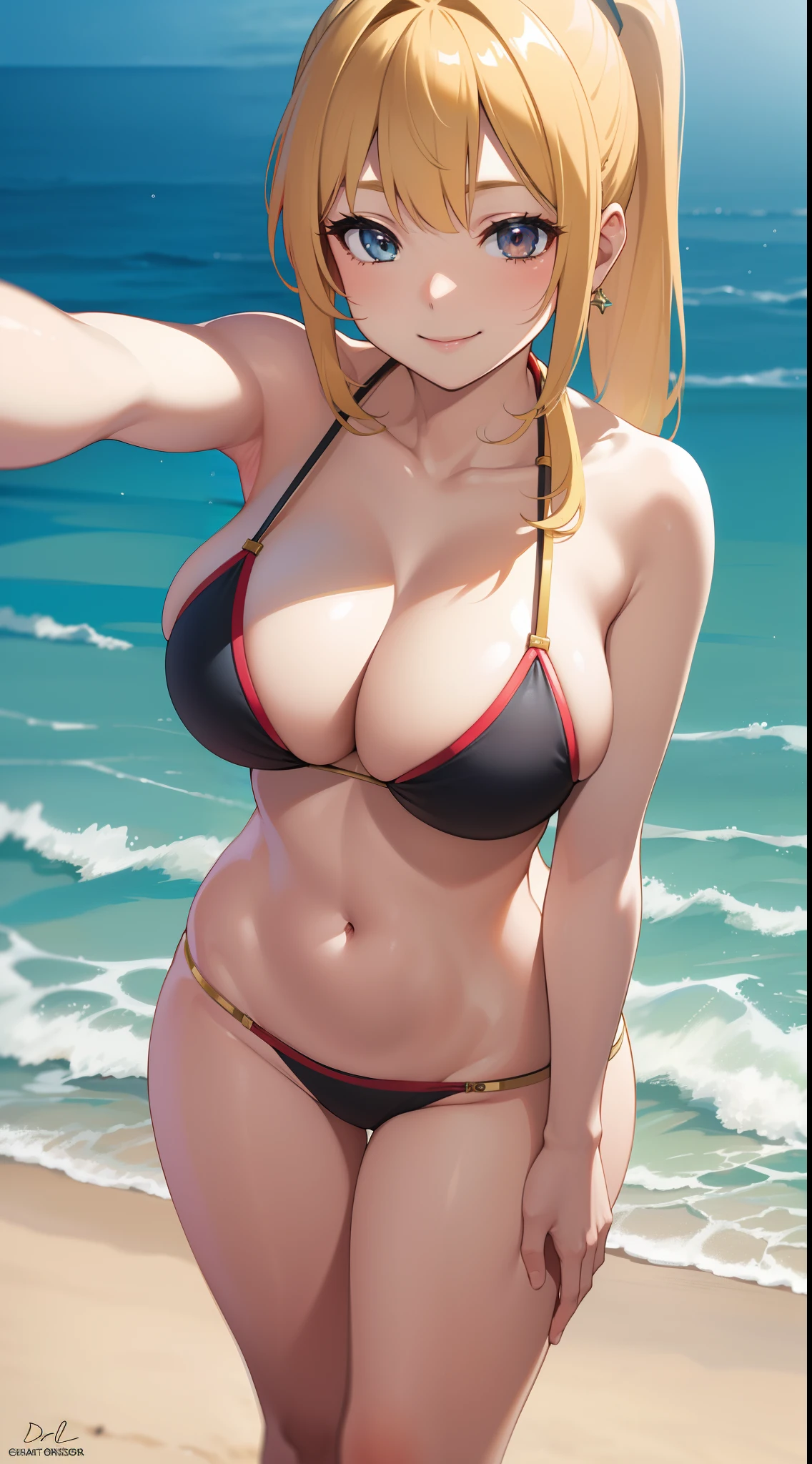 (best quality:1.5, highres, UHD, 4K, detailed lighting, shaders), blonde ponytail, large breasts, bikini, thighs, standing, (pov, close shot), smiling, beach background
