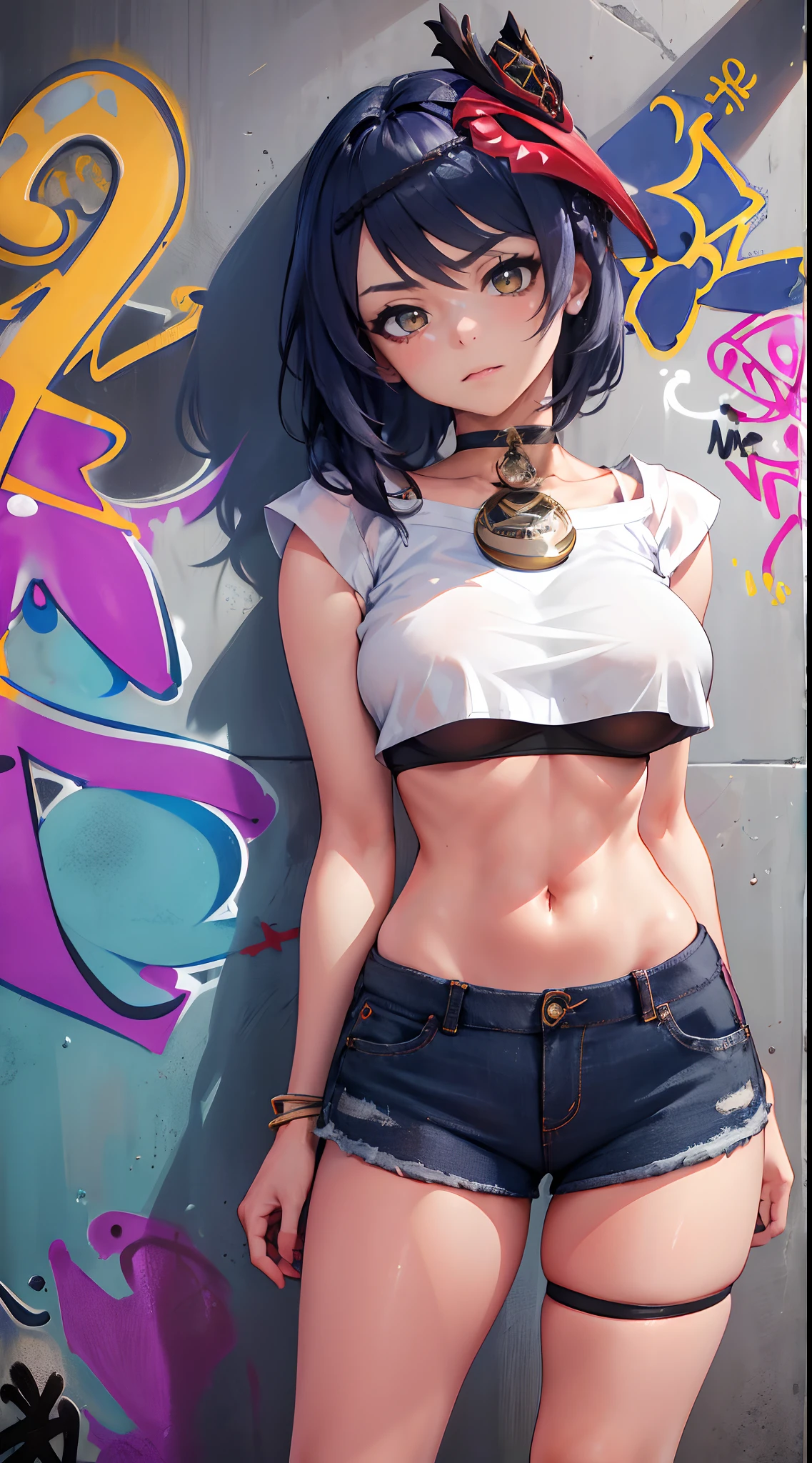 Kujou Sara Genshin Effect, masterpiece, bestquality, 1girls, mediuml breasts, long-haired ,Ponytail, bara, crop top, shorts jeans, choker, (Graffiti:1.5), Splash with purple lightning pattern., arm behind back, against wall, Look at the audience from behind., bracelet, Thigh strap, Head tilt, bored, Ponytail, water eyes,