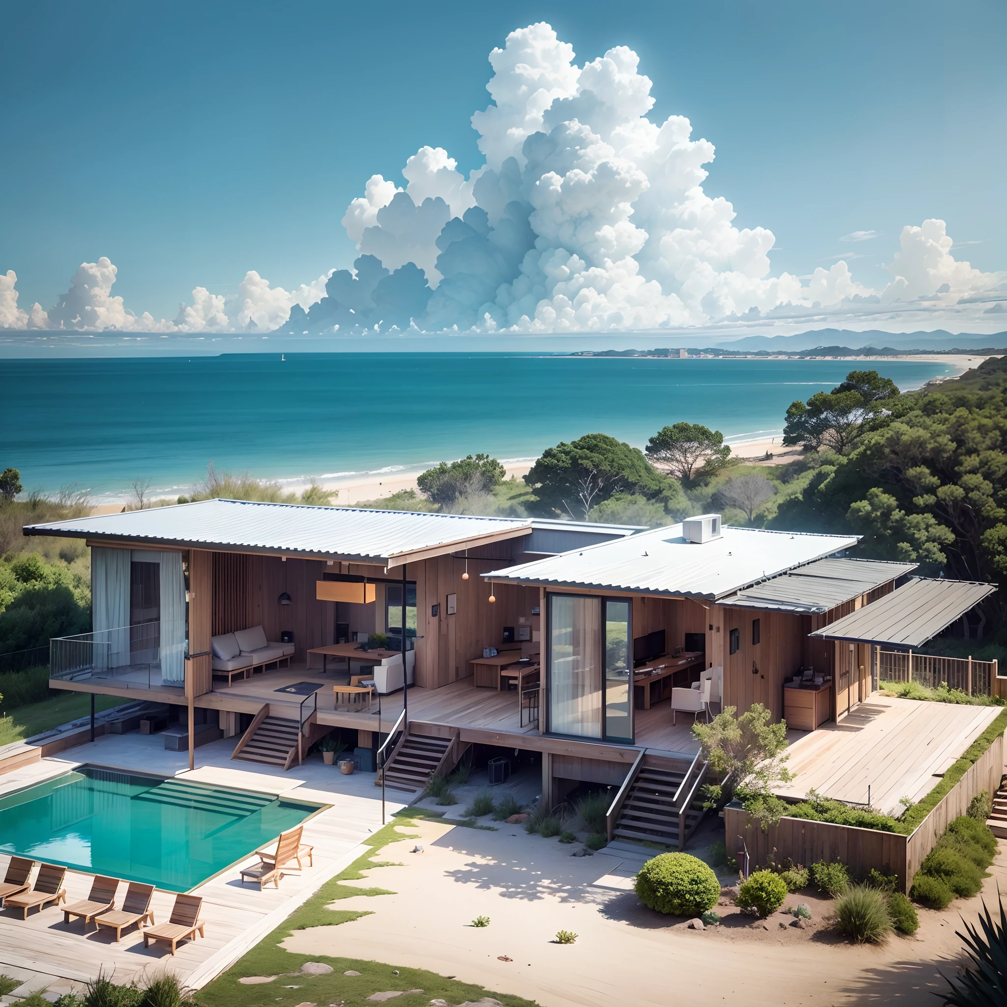 Modernist resort: Built of wood and glass, Located by the sea, Create a natural and comfortable atmosphere. on a clear day, The sea and sun around the resort give a feeling of relaxation and comfort.