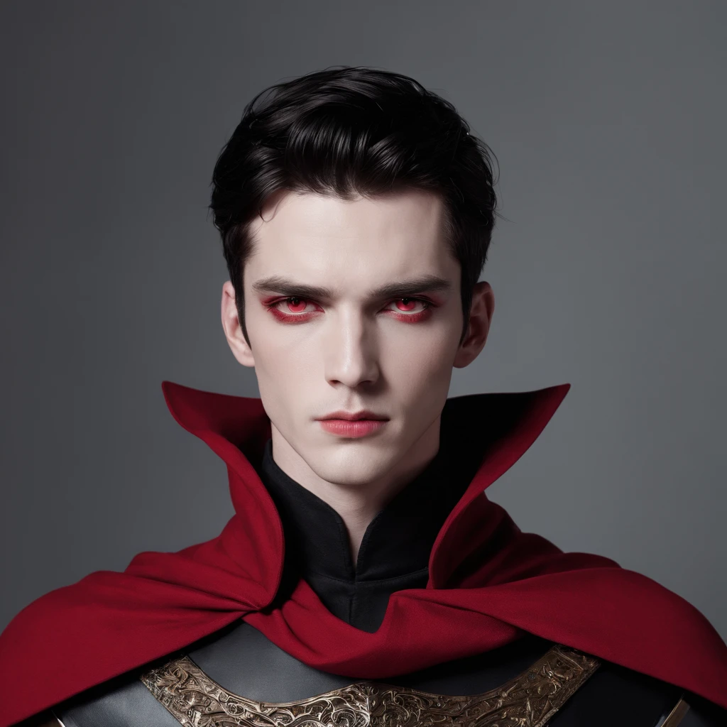 Handsome man with pale skin, red eyes, black hair, black armor, red cape
