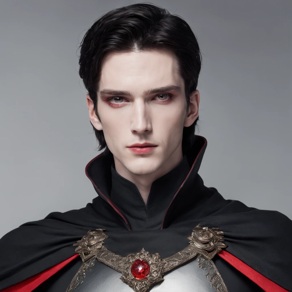 Handsome man with pale skin, red eyes, black hair, black armor, red cape