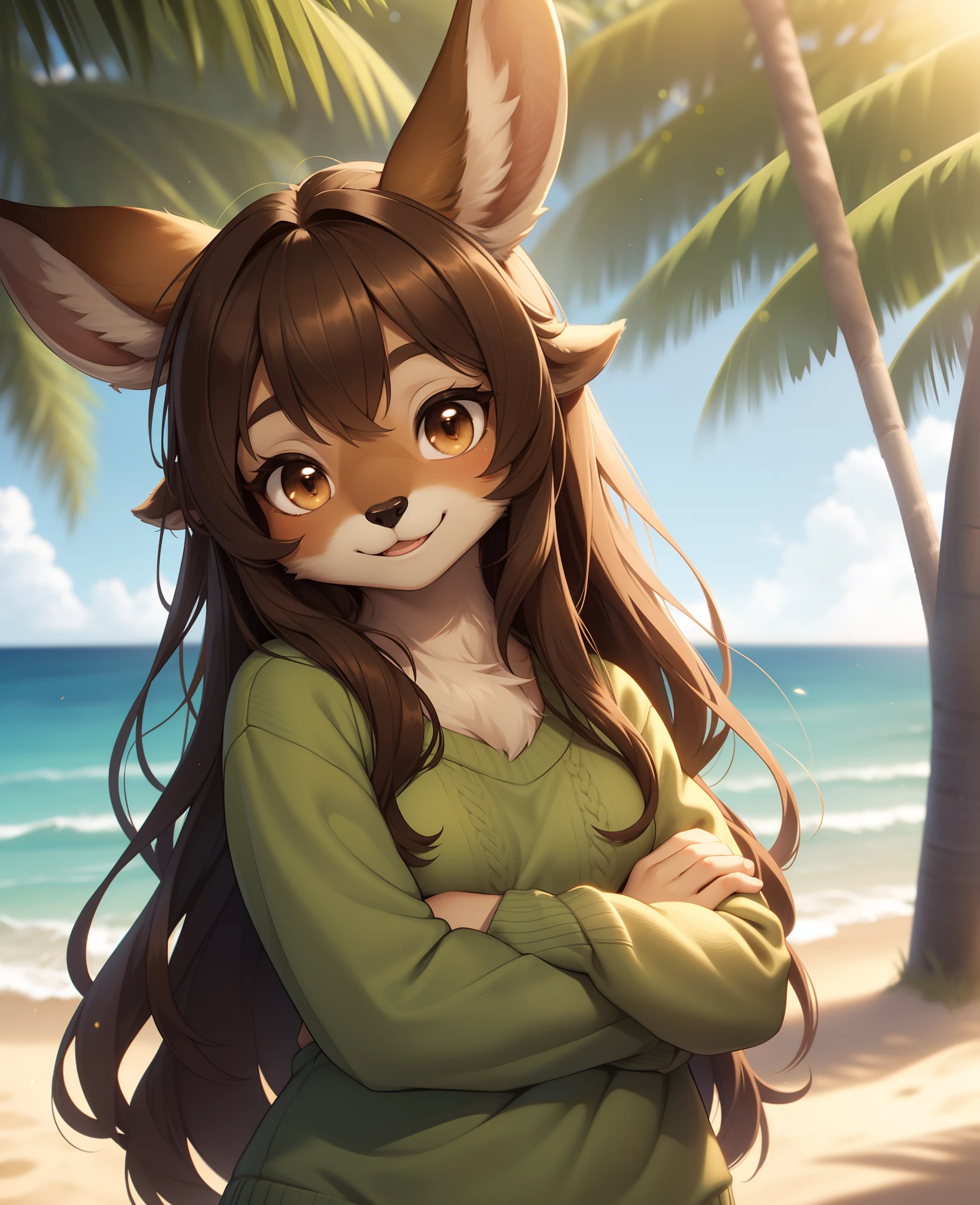 Masterpiece, a deer, furry, in a beach forest, uploaded on e621, ((by Silverfox5213)), (deer Vintage body), Gotten up, solo (Biped furry:1.4), ((deer female with Green sweater and Brown eyes, check tuft, little horns)), (detailed deer), Fluffy long hair (very long hair very fluffy ) ((dark brown wavy hair)), beige body, ((detailed fluffy fur)), (full-length portrait, looking at viewer), (beach grass), smile deer, chubby, BREAK, (detailed background, depth of field, half body shadow, sunlight, ambient light on the body), (masterpiece, best quality, ultra realistic, 4k, 2k, (intricate:0.9), (high detail:1.4), film photography, (soft focus:1.2), face beautiful RAW photo, photorealistic, analog style, subsurface scattering, photorealism, absurd res), Beautiful eyes