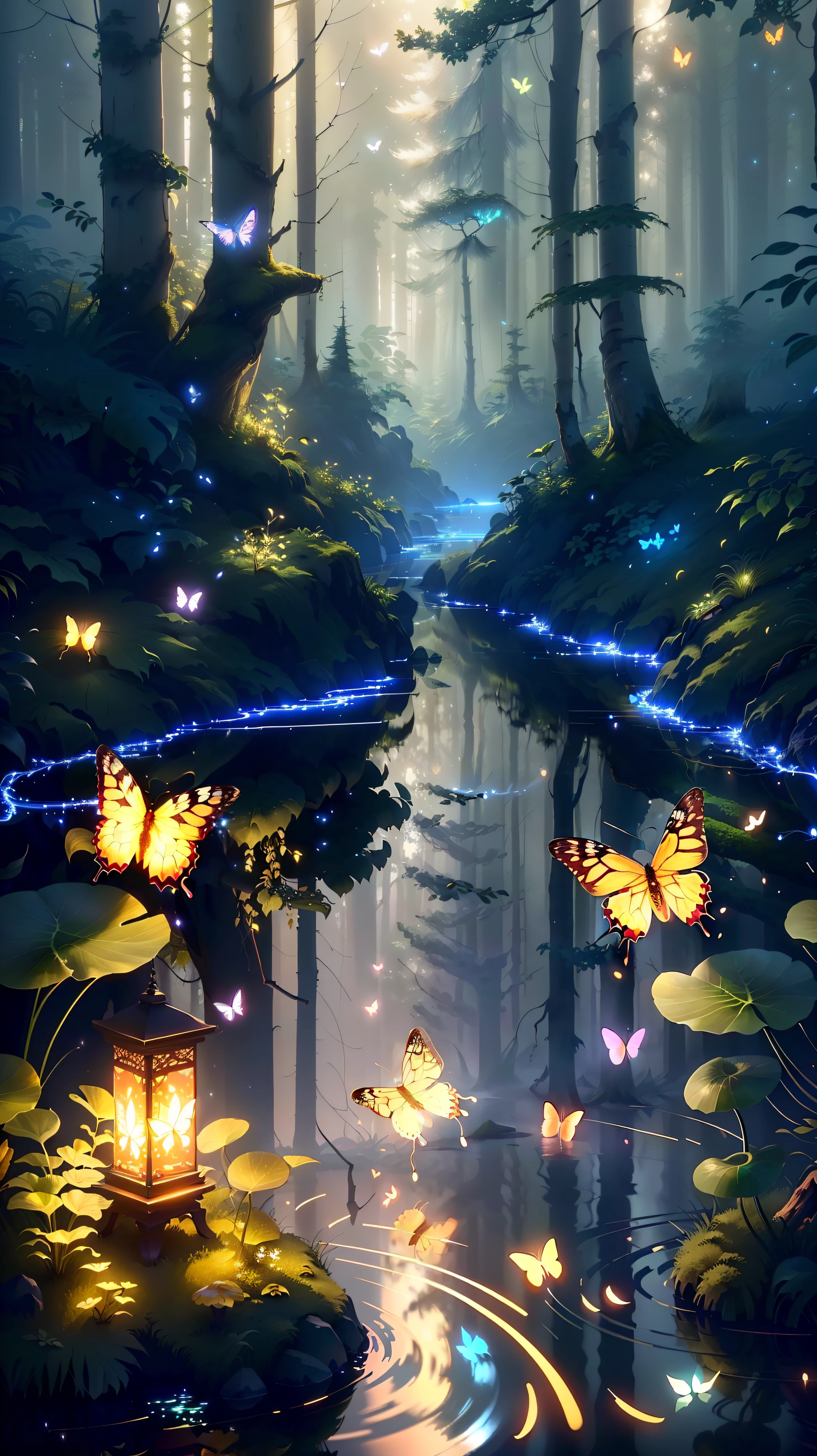 A masterpiece, the best quality, stunning reflections, the best reflections ever. (very detailed CG unity 8k wallpapers), (best quality), (best illustrations), (best shadows), forest theme with natural elements. Tall trees, quiet streams, small glowing mushrooms surrounded by delicate leaves and branches, with fireflies and glowing particle effects,, (natural elements), (jungle theme), (leaves), (twigs), (fireflies), butterflies, (delicate leaves), (glow), (particle effects). , Isometric 3D, Octane Rendering, Ray Traced, Super Detailed