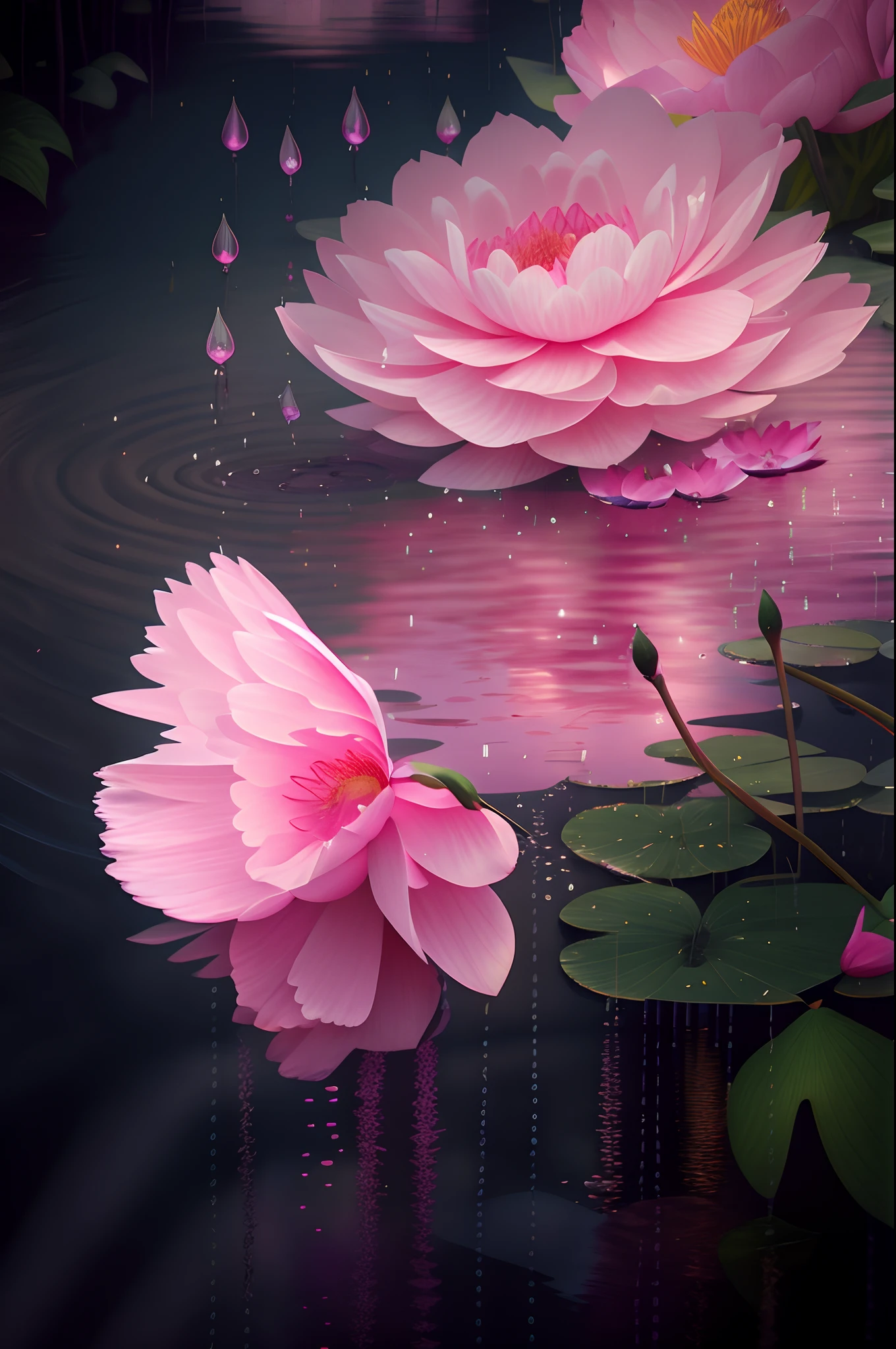 there are two pink flowers floating in a pond of water, lotus flowers on the water, lotuses, with lotus flowers, lotuses, lotus petals, lotus flower, water lilies, Lotus, the lilies. 8 k'', Beautiful digital artwork, Pink reflections, beautiful digital painting, Lotus pond, beautiful digital art, Very beautiful photos in 8K Ultra HD