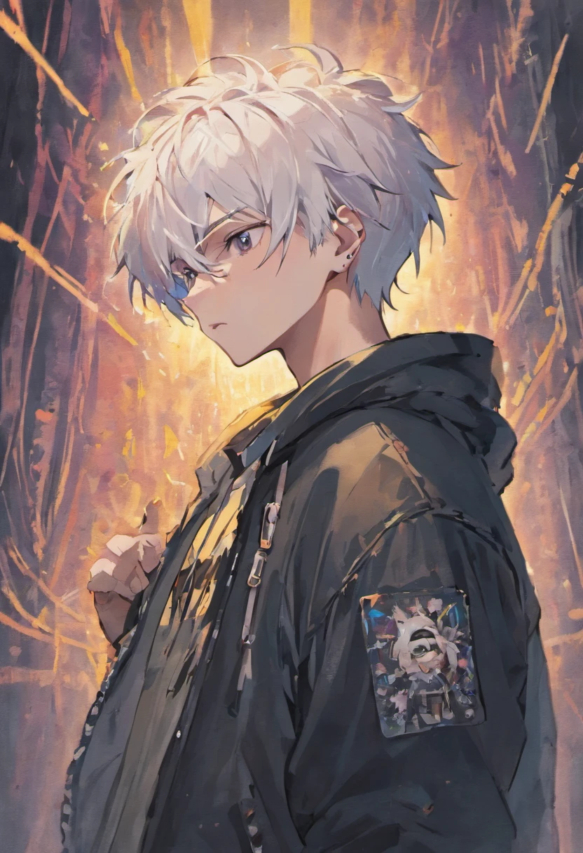 pale skinned athletic male with messy white hair hanging over his face, wearing punk jacket, wearing punk pants, wearing collar, has pointed pierced ears, grungy, solo, alone