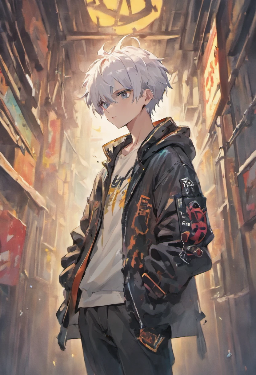 pale skinned athletic male with messy white hair hanging over his face, wearing punk jacket, wearing punk pants, wearing collar, has pointed pierced ears, grungy, solo, alone