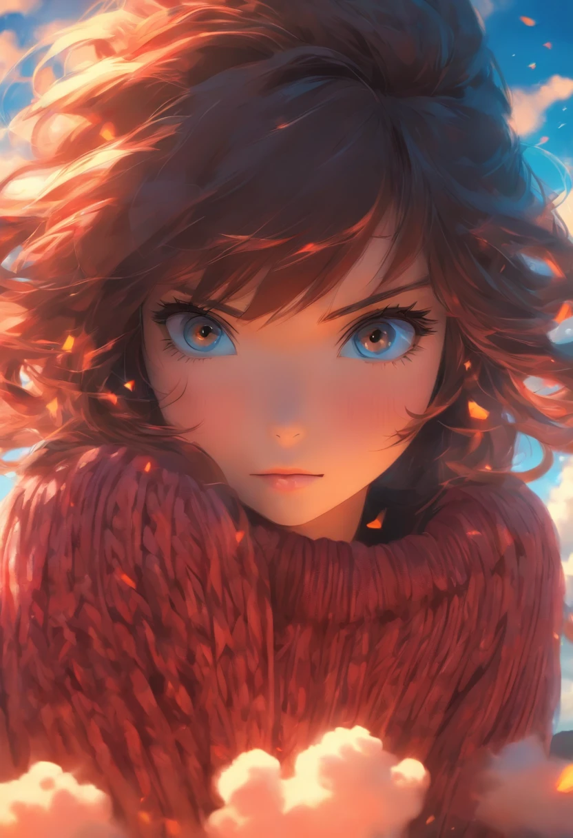very beatiful girl, Bright brown eyes, Long, even dark red hair, ogle, blush on cheeks, Long knitted sweater in black, blue skies, Clouds, a lot of bright hieroglyphs, looks at the viewer, a closeup of a, portraite of a, artstyle