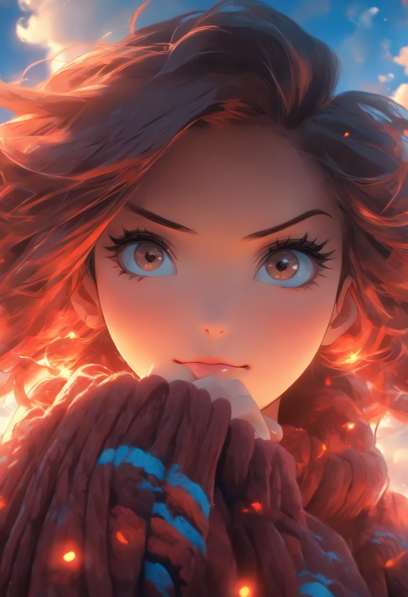 very beatiful girl, Bright brown eyes, Long, even dark red hair, ogle, blush on cheeks, Long knitted sweater in black, blue skies, Clouds, a lot of bright hieroglyphs, looks at the viewer, a closeup of a, portraite of a, artstyle