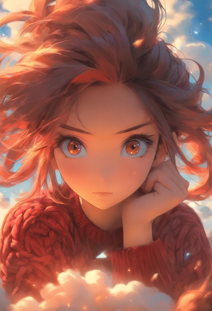 very beatiful girl, Bright brown eyes, Long, even dark red hair, ogle, blush on cheeks, Long knitted sweater in black, blue skies, Clouds, a lot of bright hieroglyphs, looks at the viewer, a closeup of a, portraite of a, artstyle
