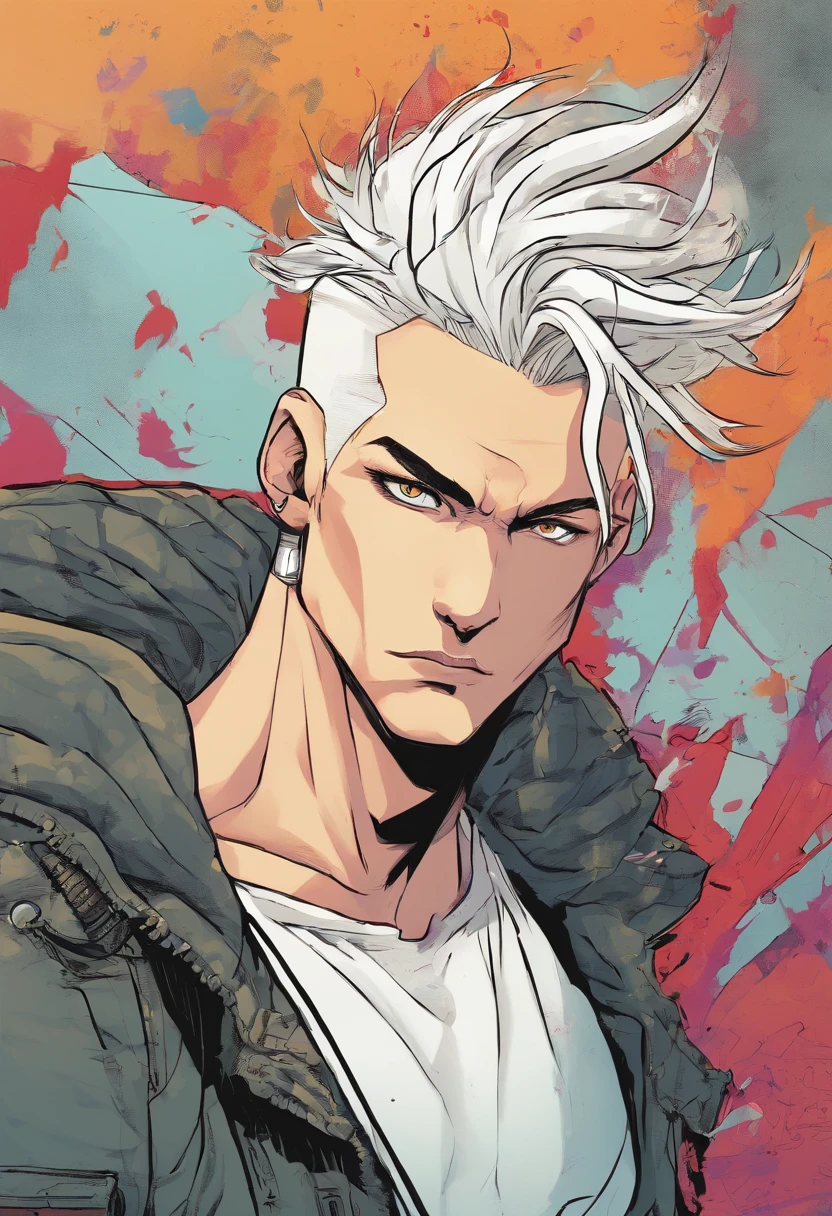 pale skinned athletic male with messy white hair hanging over his face, wearing punk jacket, wearing punk pants, wearing collar, has pointed pierced ears, grungy, solo, alone
