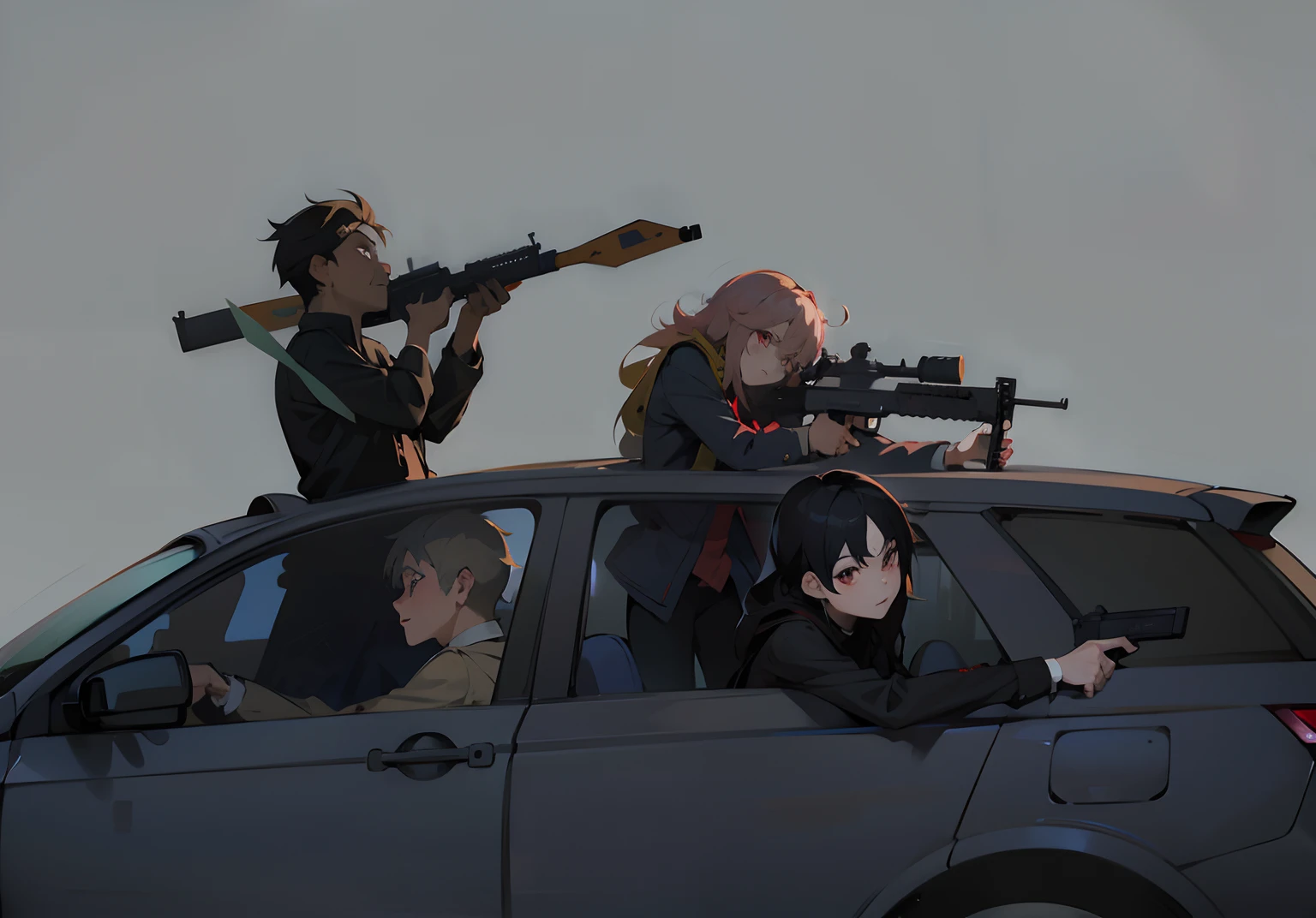 Anime characters sitting in cars，There are guns on it, Guviz-style artwork, Badass anime 8 K, Guviz, author：New Art, author：yanjun cheng, anime machine gun fire, Guweiz in Pixiv ArtStation, Guweiz on ArtStation Pixiv, modern anime style, author：Yoshihiko Wada，Car model optimization，photorealestic，The body has bullet holes and marks of collisions