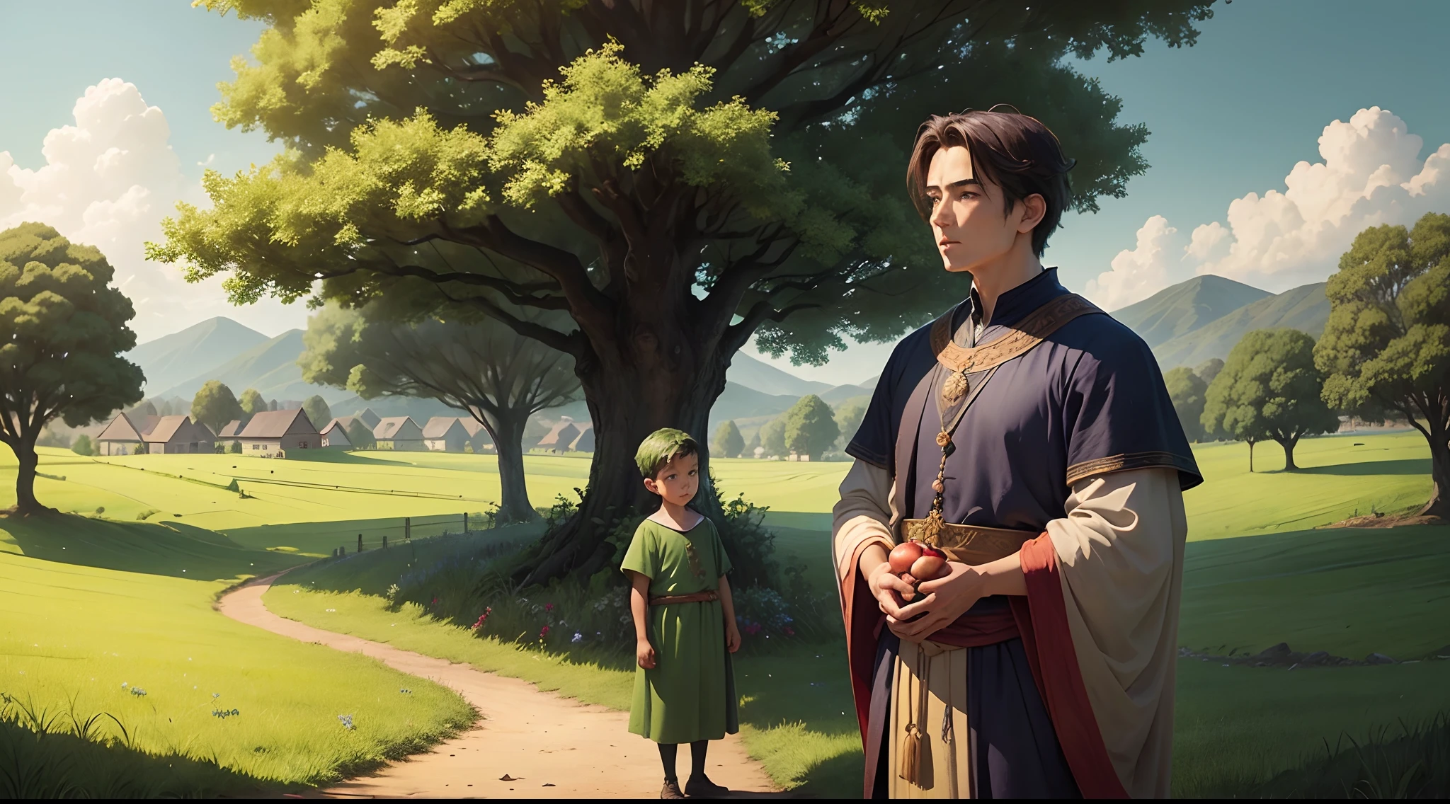 a lush, green field as the backdrop to represent the distant village surrounded by nature,a wise man standing next to a towering apple tree,a young boy with a slightly impatient expression approaching the wise man,calming, natural colors for the background and vibrant colors for the fruit tree to highlight the contrast.