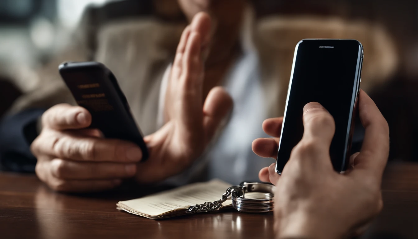 (a pair of hands), (handcuffed), holding a phone, (phone display showing confidential documents), in a (courtroom) background, (best quality:1.2), (ultra-detailed), (realistic:1.37), portraits, (high contrast), (dramatic lighting), (vivid colors), (bokeh)