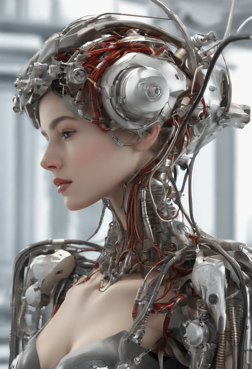 (Masterpiece, Top Quality, Best Quality, Official Art, Beautiful Indulgence: 1.2), (1 Girl: 1.3), Very Detailed, Colorful, Supreme Detail ((Ultra Detailed)), (Highly Detailed CG Illustration), (Very Delicate and Beautiful)), (From the Side), Cinematic Light, (1 Machine Girl)), Solo, Full Body, (Mechanical Joints: 1.2), ((Mechanical limbs)), (Blood vessels connected to tubes), ( Mechanical vertebrae attached to the back), ((Mechanical cervical vertebrae attached to the neck)), expressionless, (Wires and cables attached to the neck: 1.2), (Head wires and cables: 1.2) (Character focus), (Lower body integrated with mechanical devices), Science fiction, White background, (Blood: 1.5), cruelty, absurdity, erotic rotesque, fusion with machines