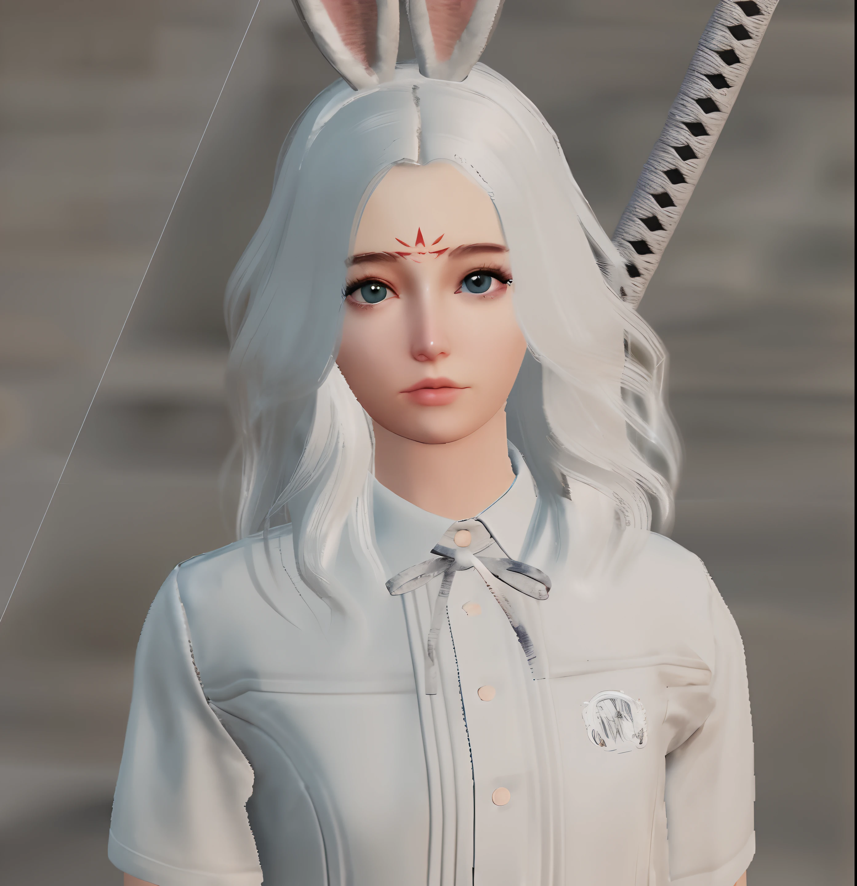 there is a woman with a bunny ears and a white shirt, ultrarealistic sweet bunny girl, white cat girl, white ( cat ) girl, perfect white haired girl, render of april, detailed white long hair, one girl has white hair, girl with white hair, female character, white haired, close up character, with white long hair, with long white hair