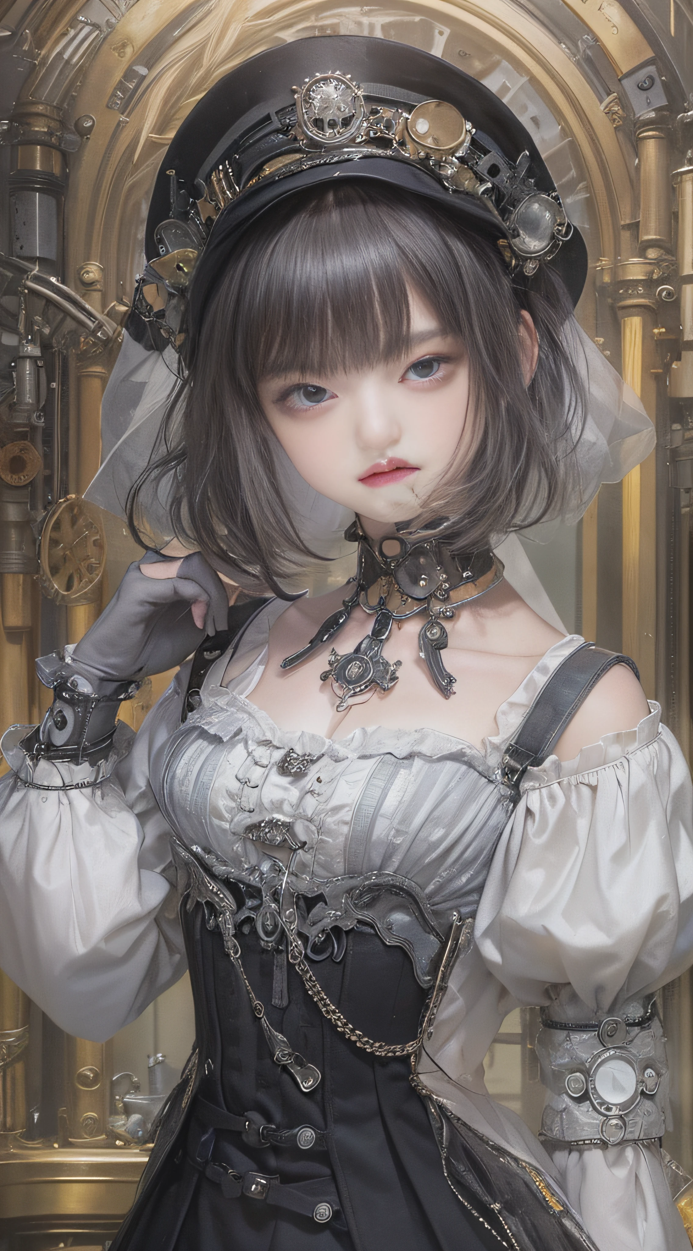 (((Masterpiece, top quality, super detailed))), (((high definition face))), 14 year old female,  (((short black bob, thick puffy bangs ))), (((very detailed face))), small thin nose, small thin-lipped mouth, (((very sharp focused eyes))), large slit precision pale grey eyes, sparkling like jewels, ((Very intricate mechanical steampunk fashion, Off-shoulder gothic lolita fashion)), (((overall accuracy has improved dramatically, creating a super detailed and realistic image))),
