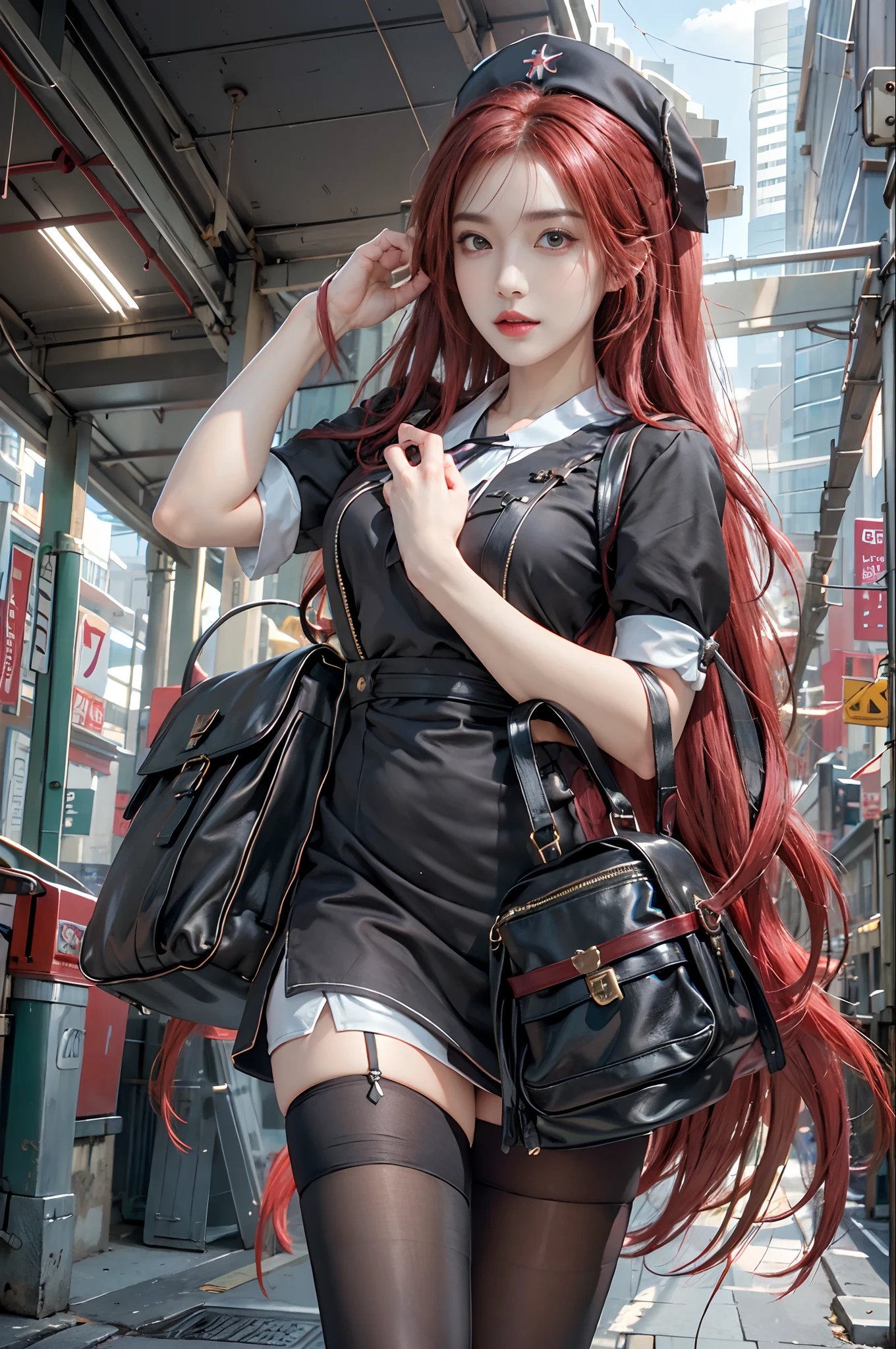 (Best quality,high resolution,Photorealistic:1.2), hdr, Solo, raised hips, Peekaboo, (Detailed face), Red hair, long and flowing hair, Nurse outfit, Stockings, Street side background, Girl with handbag,