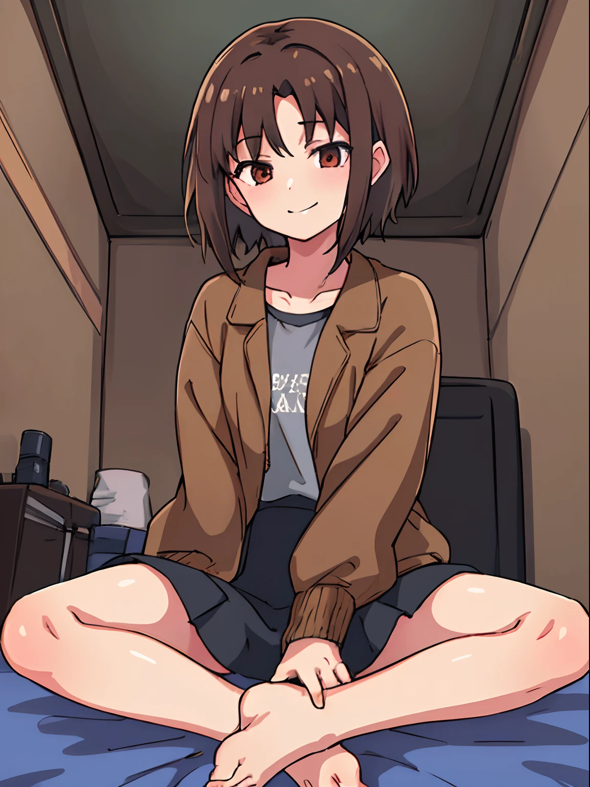 hiquality, tmasterpiece (One adult girl). short brown hair. smile on face. brown eye. The clothes: brown jacket over black sweater. blackskirt. bare feet. In the background of the room