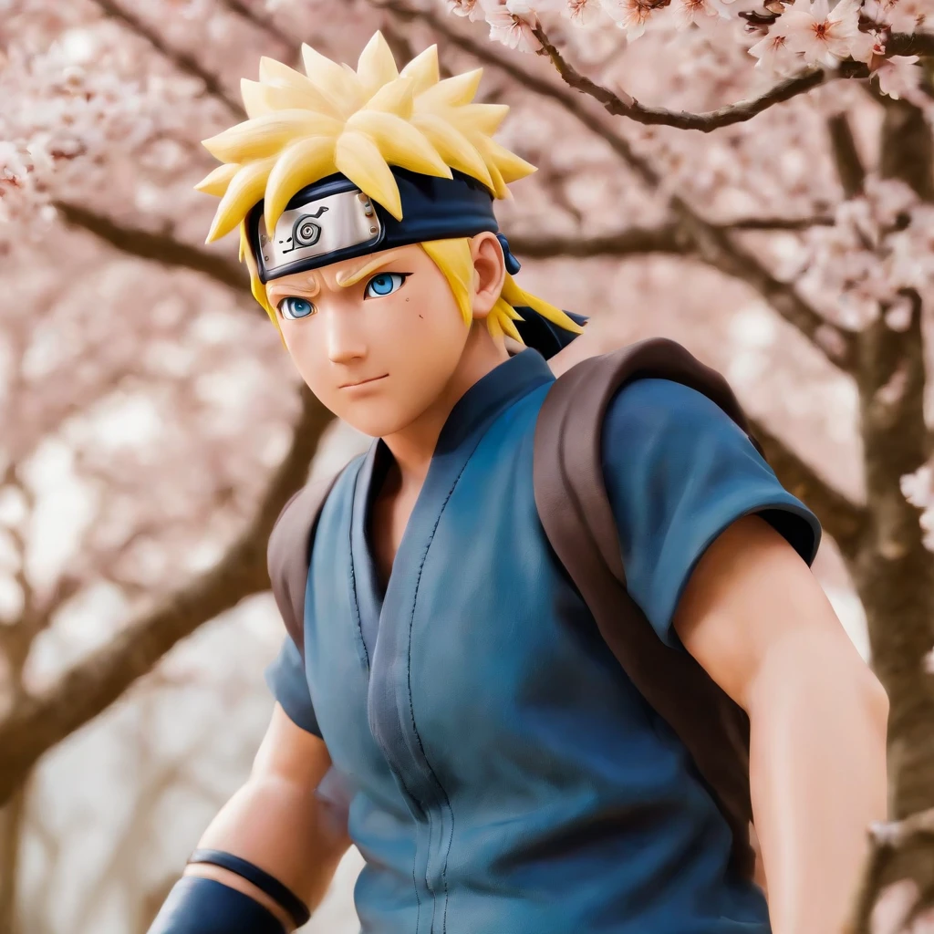 Naruto Uzumaki, vibrant and powerful, standing tall amidst a scenic landscape. An energetic and determined expression on his face. His bright blue eyes, intense and focused. His spiky, golden-blonde hair, fluttering in the wind. He wears his iconic orange jumpsuit, adorned with his signature headband.
The scene is set in a lush green field, with cherry blossom trees blooming in the background. Sunlight filters through the leaves, casting a warm glow on Naruto. The sky is a vibrant blue, dotted with fluffy white clouds.
The artwork is created in a medium of vivid digital illustration, combining realistic details with a touch of vibrant anime style. The colors are rich and saturated, emphasizing the dynamic nature of the scene.
The lighting is bright and natural, with soft shadows adding depth and dimension to the artwork. Naruto is illuminated by a gentle sunlight, creating highlights and shadows on his face and figure.
The overall image quality is of the highest caliber, with ultra-detailed rendering. Every strand of hair, every fold in his clothing, and every subtle expression on Naruto's face is intricately captured. The artwork achieves a photorealistic quality, bringing Naruto's character to life.
The artwork is a masterpiece of Naruto, capturing his strength, determination, and vibrant personality. It is a celebration of the iconic character and the rich world of Naruto.
