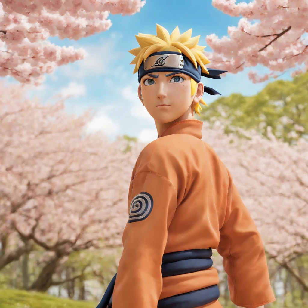 Naruto Uzumaki, vibrant and powerful, standing tall amidst a scenic landscape. An energetic and determined expression on his face. His bright blue eyes, intense and focused. His spiky, golden-blonde hair, fluttering in the wind. He wears his iconic orange jumpsuit, adorned with his signature headband.
The scene is set in a lush green field, with cherry blossom trees blooming in the background. Sunlight filters through the leaves, casting a warm glow on Naruto. The sky is a vibrant blue, dotted with fluffy white clouds.
The artwork is created in a medium of vivid digital illustration, combining realistic details with a touch of vibrant anime style. The colors are rich and saturated, emphasizing the dynamic nature of the scene.
The lighting is bright and natural, with soft shadows adding depth and dimension to the artwork. Naruto is illuminated by a gentle sunlight, creating highlights and shadows on his face and figure.
The overall image quality is of the highest caliber, with ultra-detailed rendering. Every strand of hair, every fold in his clothing, and every subtle expression on Naruto's face is intricately captured. The artwork achieves a photorealistic quality, bringing Naruto's character to life.
The artwork is a masterpiece of Naruto, capturing his strength, determination, and vibrant personality. It is a celebration of the iconic character and the rich world of Naruto.