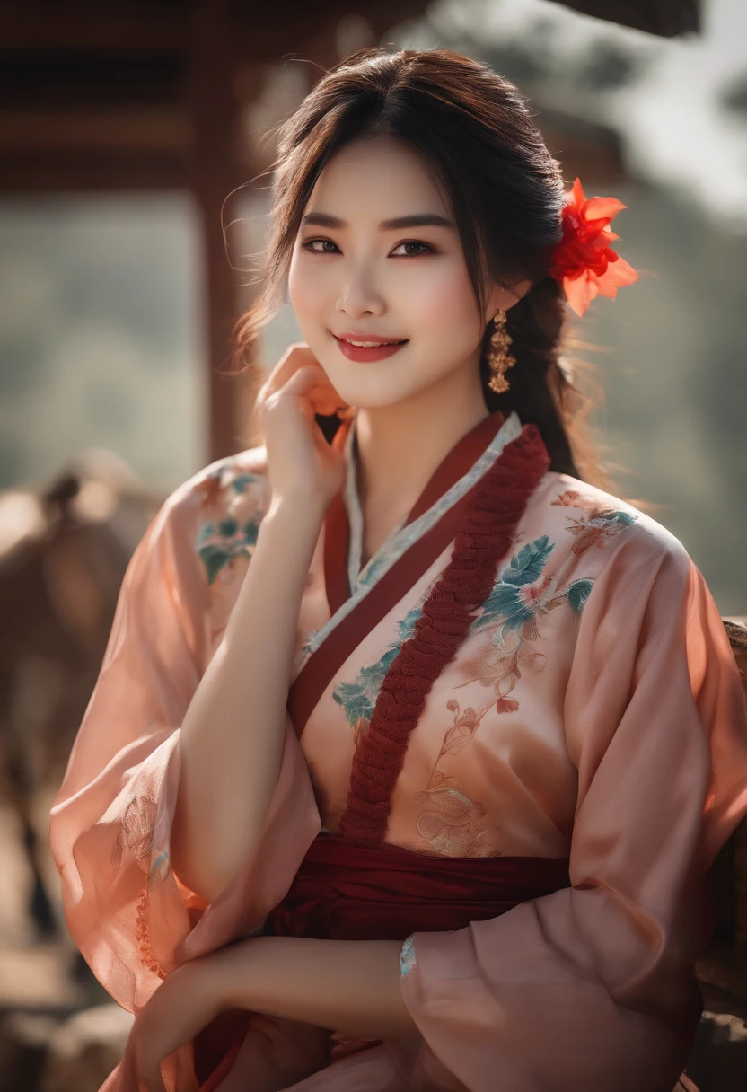 1girl in,Origen,Cowboy Shot,Closed mouth, qipao dress, lightsmile,, Simple background,
