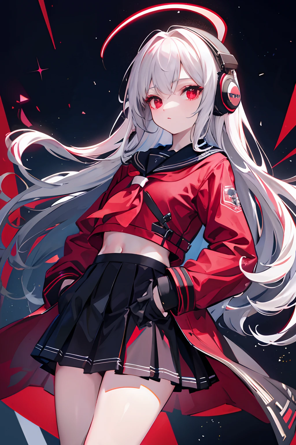 1girll,nightcity,Sateen,coat large,whaite hair,Red eyes,Lateral face,JK skirt,Esports Headset,Sailor top,with hands behind her back