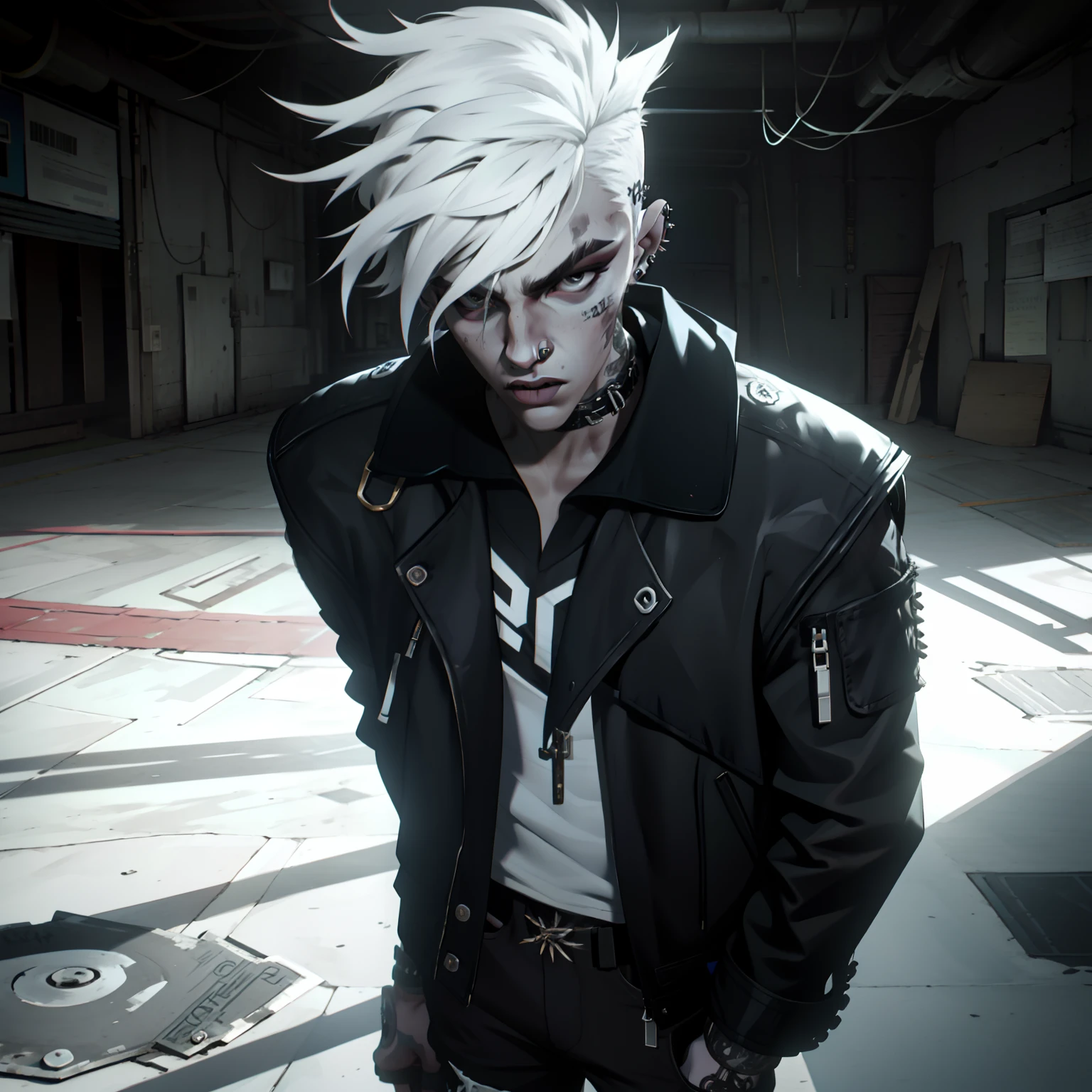 pale skinned athletic male with messy white hair hanging over his face, wearing punk jacket, wearing punk pants, wearing collar, has pointed pierced ears, grungy, solo, alone
