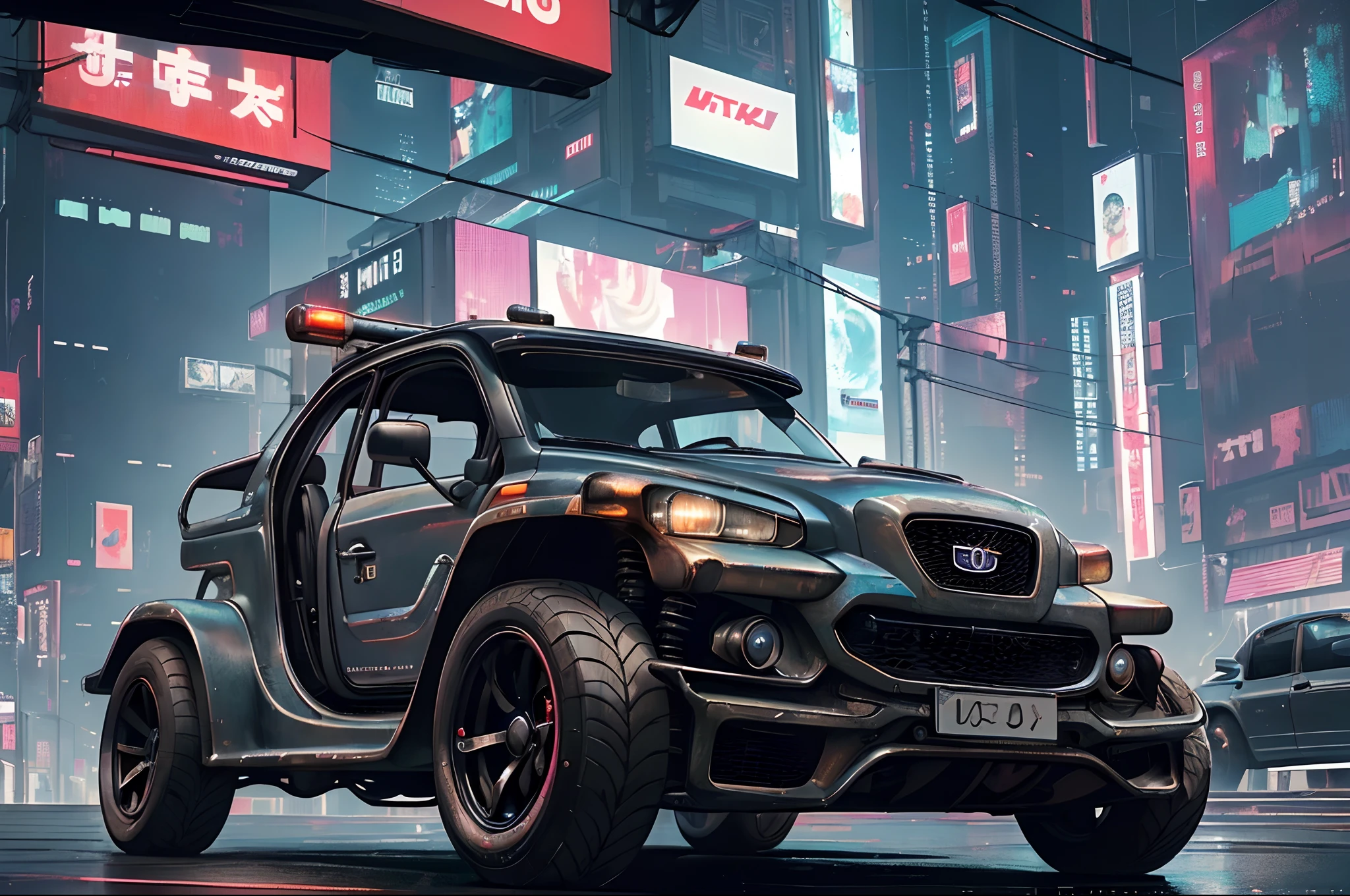 (at late night:1.3), , (detailed beautiful skin textures, detailed beautiful face, ultra detailed clothing textures), , (Cyberpunk:1.4), , (an ultra detailed four-wheeled and long bonnet tuk-tuk and letter-tyres), , (3/4 front view, The car is in the center of the frame), , (at parking area, at ultra detailed Night City of Cyberpunk), (All cars are classic cars with cyberpunk custumed), , (softlighting), , (masterpiece, best quality:1.4, 128k, ultra detailed, illustration, distinct_image, intricate_details, delicate illustration), (realistic:0.15),