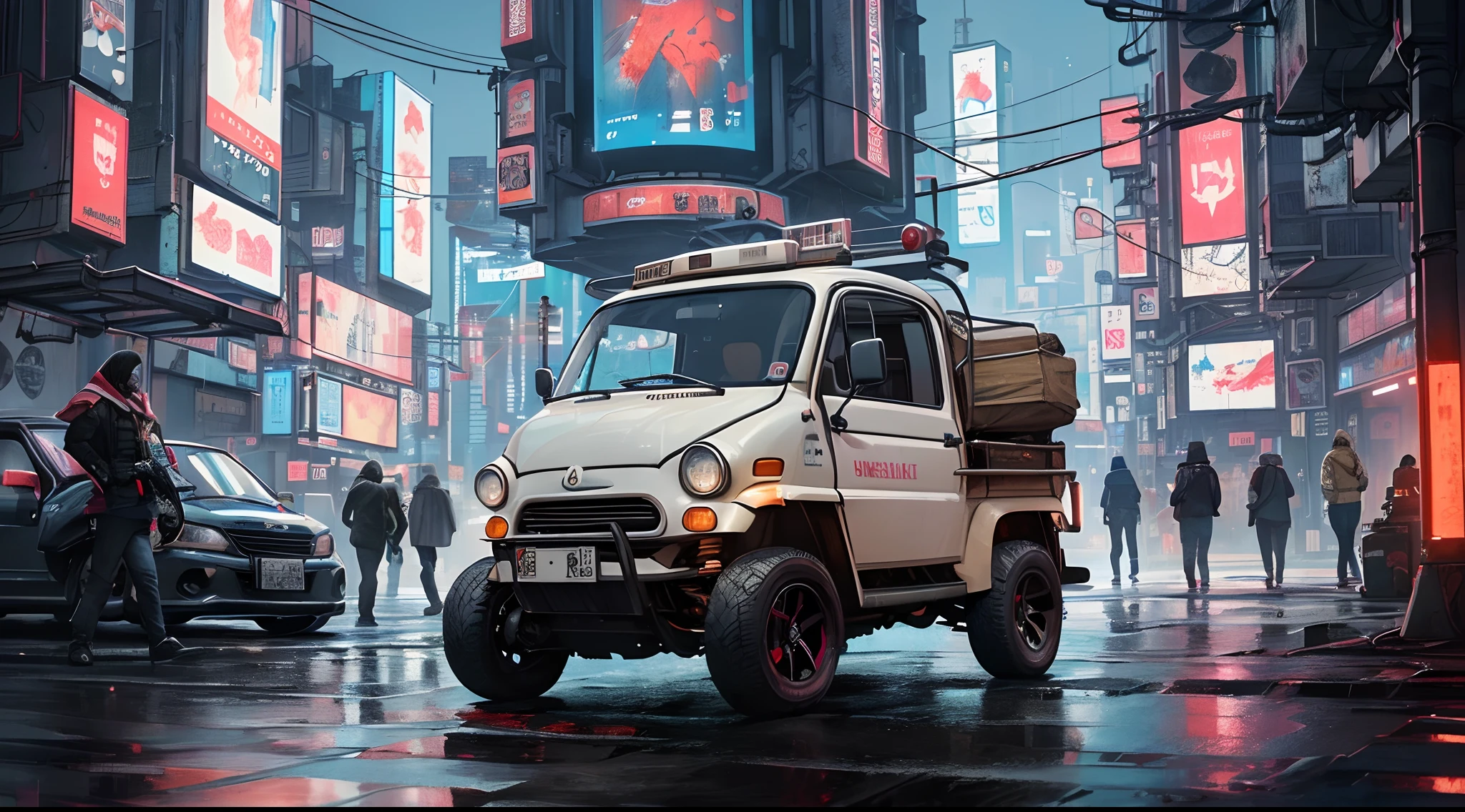 (at late night:1.3), , (detailed beautiful skin textures, detailed beautiful face, ultra detailed clothing textures), , (Cyberpunk:1.4), , (an ultra detailedfour-wheeled and long bonnet tuk-tuk with load on roof carrier and eear loading platform with luggage on it and letter-tyres), , (3/4 front view, The car is in the center of the frame), , (at parking area, at ultra detailed Night City of Cyberpunk), (All cars are classic cars with cyberpunk custumed), , (softlighting), , (masterpiece, best quality:1.4, 8k, ultra detailed, illustration, distinct_image, intricate_details, delicate illustration), (realistic:0.15),