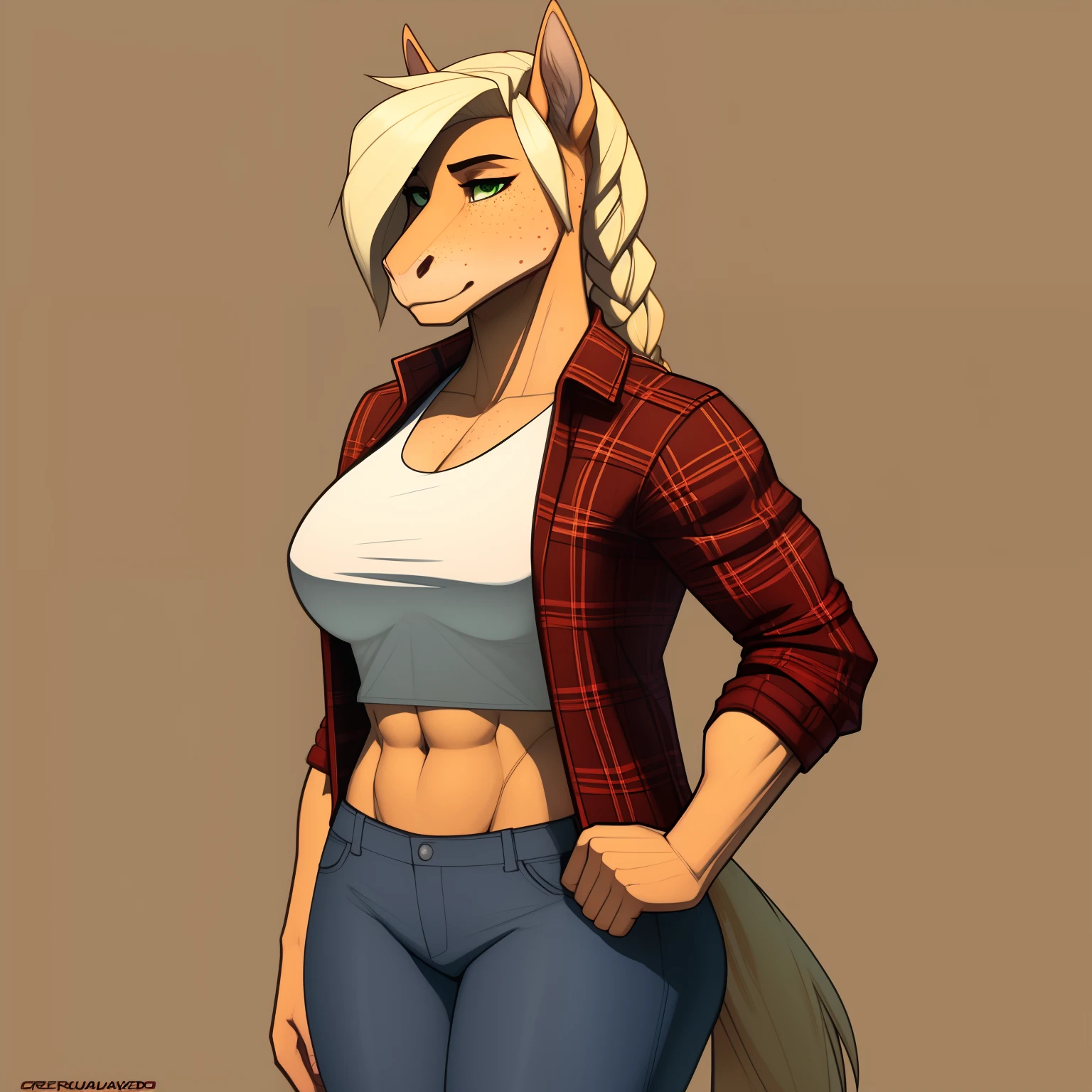 Tall_lanky_horse female blonde_mane short_tousled_ponytail light_faded_brown_furry_body blue_eyes cute_smile crop_top shorts horse_snout large_breasts wide_hips solo Masterpiece best_quality absurdres highly_detailed cleanly_drawn_eyes anthro_only by_claweddrip, by_greasymojo, by_underscore-b, by_runawaystride