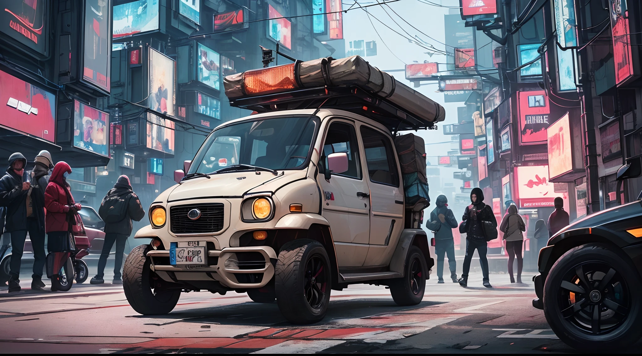 (at late night:1.3), , (detailed beautiful skin textures, detailed beautiful face, ultra detailed clothing textures), , (Cyberpunk:1.4), , (an ultra detailedfour-wheeled and long bonnet tuk-tuk with load on roof carrier and eear loading platform with luggage on it and letter-tyres), , (3/4 front view, The car is in the center of the frame), , (at parking area, at ultra detailed Night City of Cyberpunk), (All cars are classic cars with cyberpunk custumed), , (softlighting), , (masterpiece, best quality:1.4, 8k, ultra detailed, illustration, distinct_image, intricate_details, delicate illustration), (realistic:0.15),