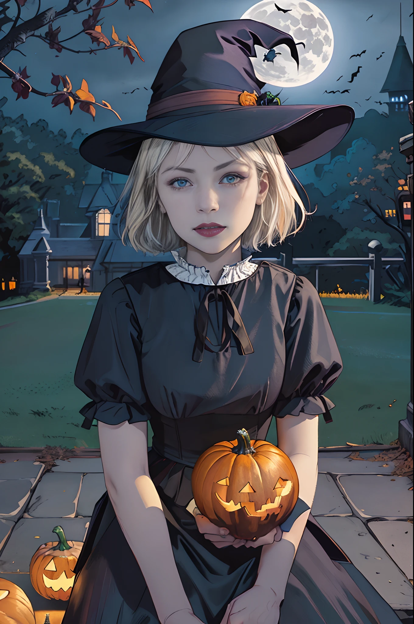 Top image quality、masterpiece、Vivid coloring、Edward Hopper's Style、Halloween、Aerial perspective、thirds rule、Norse wearing a witch's hat1People Beautiful Girl、slightly smaller eyes、Pretty small face、Light makeup、Platinum blonde short hair、middlebreasts、tall、sitting on、Full body like、witch's hat、cloaks、Black Gloves、long-sleeve、gothic dress、Bright pumpkin lantern、the bats、Old mansion、Stone walls、fullmoon