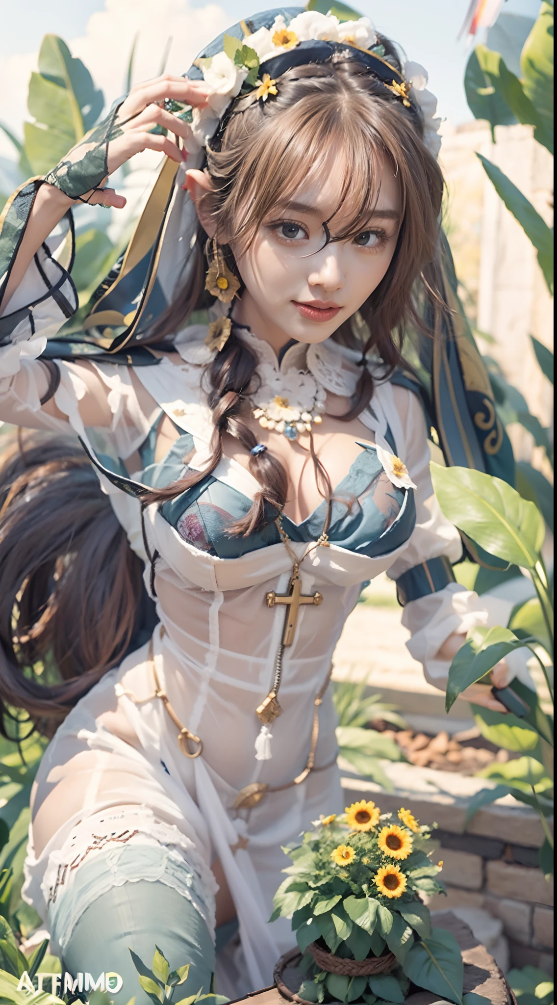 In a very grand scene,The extra-large wide-angle lens captures the appearance of a female centaur。She is a Sunflower Worship nun。She is tall,It has the ultimate curvy beauty,The muscles are slender and firm,Beautiful lines。She has(Super huge sky blue eyes:99.99),Always with sexy glasses。She wears solemn nun attire,Stepping on a boot-style skyscraper-heel,A pink cross hangs from his chest。(In front of her is a potted plant with a smiling sunflower plant:99.99)。Use Midjourney's advanced tools,Design noble and solemn nun costumes for female centaurs,and highlight her unique physiological characteristics and appearance details,Add realism。And in the background of her prayers,Spectacular views of nature,Such as the sky where storms and sunny days alternate、Brilliant rivers of stars and auroras、The snow-capped summit of Mount Everest、Fireworks in the mountain town, etc。ao mesmo tempo,Away from the hustle and bustle next to the chapel,Create a fantastic scene。Use Midjourney's advanced tools and multiple color palettes、Brush Strokes、Texture tools and model packages,It shows a sense of atmosphere where beauty and charm coexist。The charm of the female centaur is highlighted through color and lines,Enhance realism with detailing,Create a surreal dreamy feeling。Additionally,Use Midjourney's tools to add various exorcism props and books to the female centaur、pergaminhos,Create intricate hairstyles and outfits,Give her a sense of premium。She never flinches,No matter what monster you encounter,can respond quickly,Even the most extreme armies of natural disasters and monsters could not stop her and her front(It exudes the glow of the sun:9.9)Sunflower。Use Midjourney's powerful tools,You can do it with incredible detail and beauty,Bring this ultra-grand and beautiful scene to life。Ultra-grand scenes,super wide shot, hdr,(真实感,Masterpiece quality,best qualtiy),