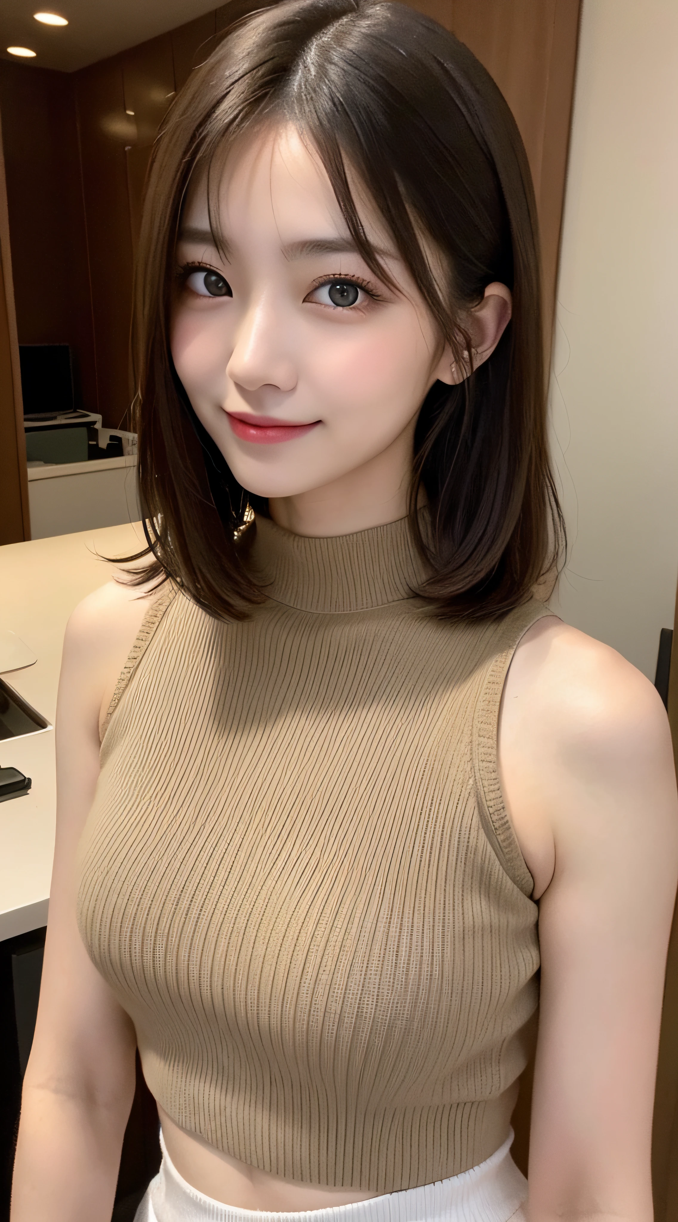 Tabletop, highest quality, Photorealistic, In detail, High resolution, 8k wallpaper, Perfect dynamic composition, Beautiful fine details, Medium Hair, Big ample breasts, Random sexy poses,Close your chest、(Mock neck crop tank top with open chest、In khaki knitwear、Her breasts are so big that her cleavage is clearly visible)、(Breast Swelling 1.2)、Laughter、Open your mouth、Resort scenery、23 years old、(Droopy Eyes 1.4)、Adult Beauty、Japanese