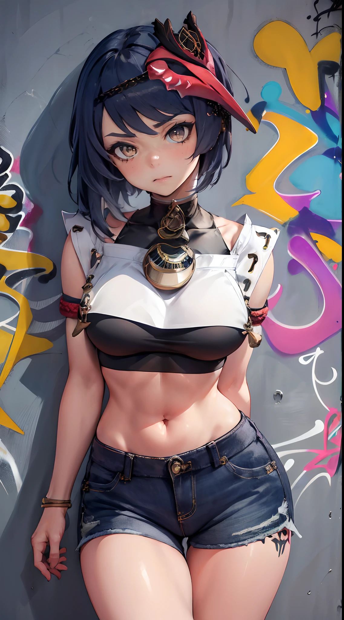 Kujou Sara Genshin Effect, masterpiece, bestquality, 1girls, oversized breasts, bara, crop top, shorts jeans, choker, (Graffiti:1.5), Splash with purple lightning pattern., arm behind back, against wall, View viewers from the front., Thigh strap, Head tilt, bored, Ponytail, water eyes,