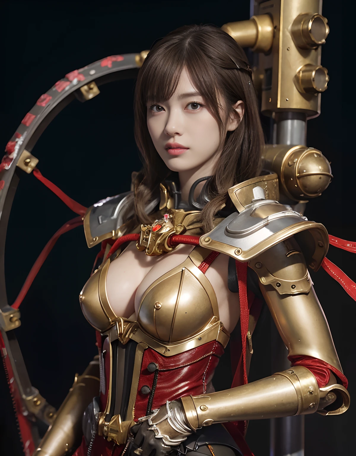 (1 Mechanical Girl)、top-quality、masterpiece、超A high resolution、(Photorealsitic:1.4)、Raw photo、1人、Golden hair、glowy skin、(((1 Mechanical Girl)))、With a beautiful knife、(Gold Metal Bodysuit)、(church background)、(Small LED)、((super realistic details))、portlate、globalillumination、Shadow、octan render、8K、ultrasharp、Colossal tits、Raw skin is exposed in cleavage、metals、Details of complex ornaments、Japan details、highly intricate detail、Realistic light、CGSoation Trends、Red Eyes、radiant eyes、Facing the camera、neon details、(Mechanical limbs)、(blood vessels connected to tubes)、Mechanical vertebrae attached to the back、mechanical cervical attaching to neck、(Wires and cables connecting to the head)、Gundam、Small LED、,Mechanical thighs、Toostock、