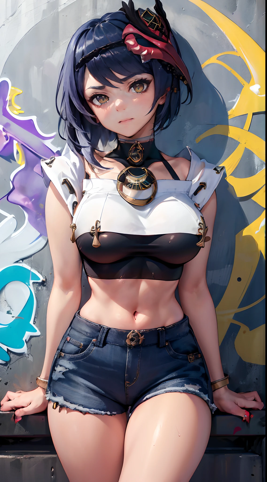 Kujou Sara Genshin Effect, masterpiece, bestquality, 1girls, mediuml breasts, long-haired ,Ponytail, bara, crop top, shorts jeans, choker, (Graffiti:1.5), Splash with purple lightning pattern., arm behind back, against wall, Look at the audience from behind., bracelet, Thigh strap, Head tilt, bored, Ponytail, water eyes,