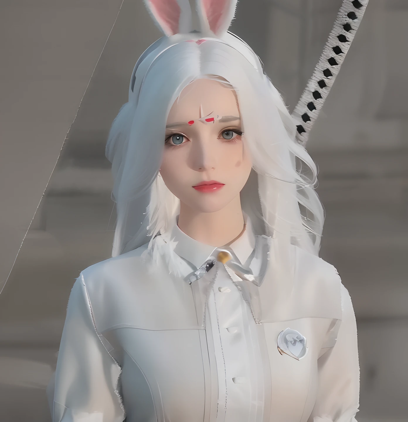 (female:1.2) (bodybuilder:0.8), masterpiece, photorealistic, 1girl, standing, long hair, white hair, red eyes, white skin, white dress, sleeveless, pink bowties, large breasts, bunny ears
