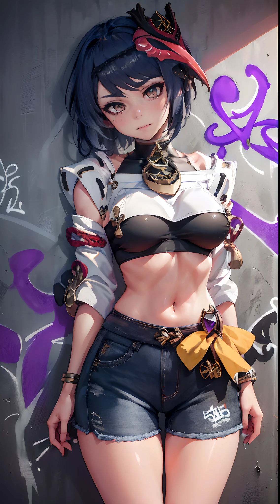 Kujou Sara Genshin Effect, masterpiece, bestquality, 1girls, bara, crop top, shorts jeans, choker, (Graffiti:1.5), Splash color into letters"Kujou Sara", arm behind back, against wall, looking at the audience, bracelet, Thigh strap, Paint on the body......................., Head tilt, bored, multicolored hair, water eyes, headset,